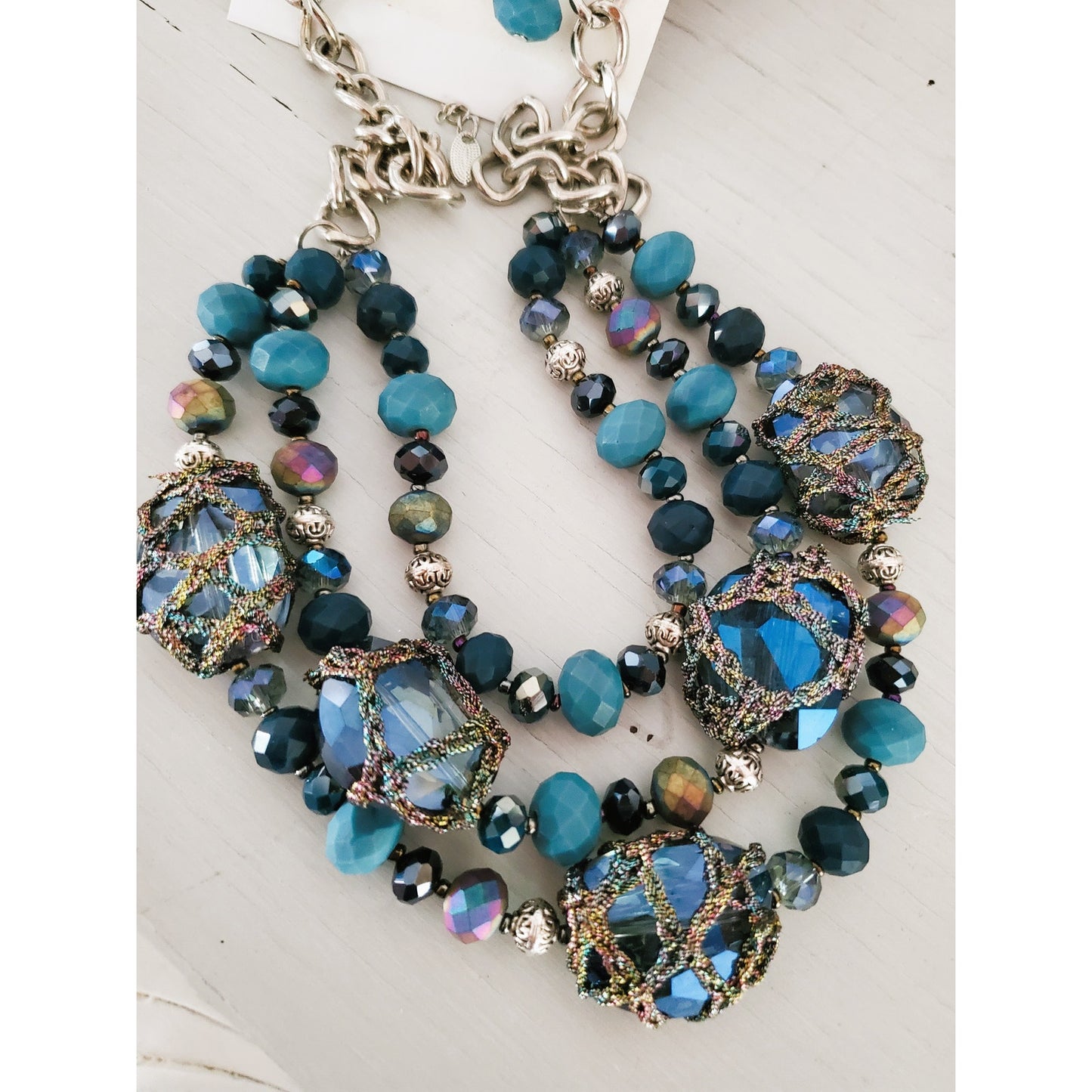 Vintage Chunky Glass Beaded Triple Strand Blue Necklace and Earring Set