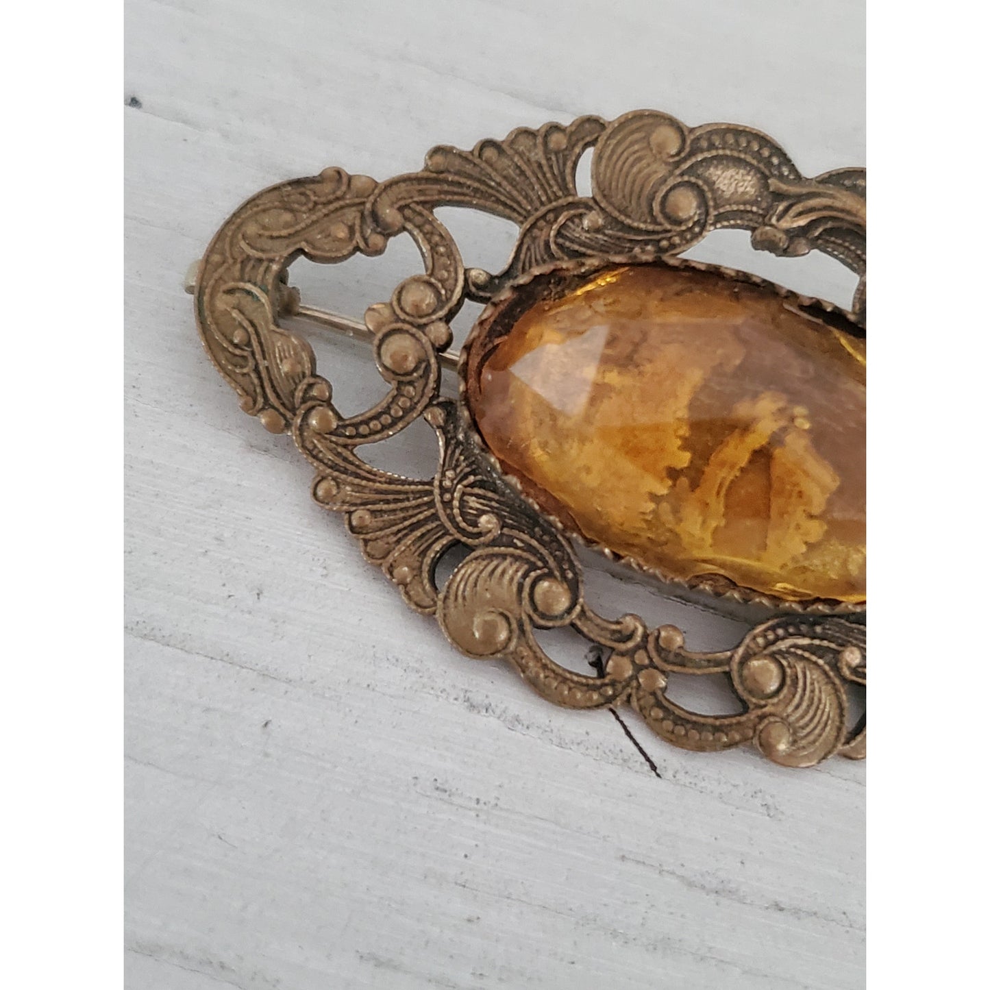 Vintage Art Deco Floral Filigree Amber Glass C Clasp Brooch