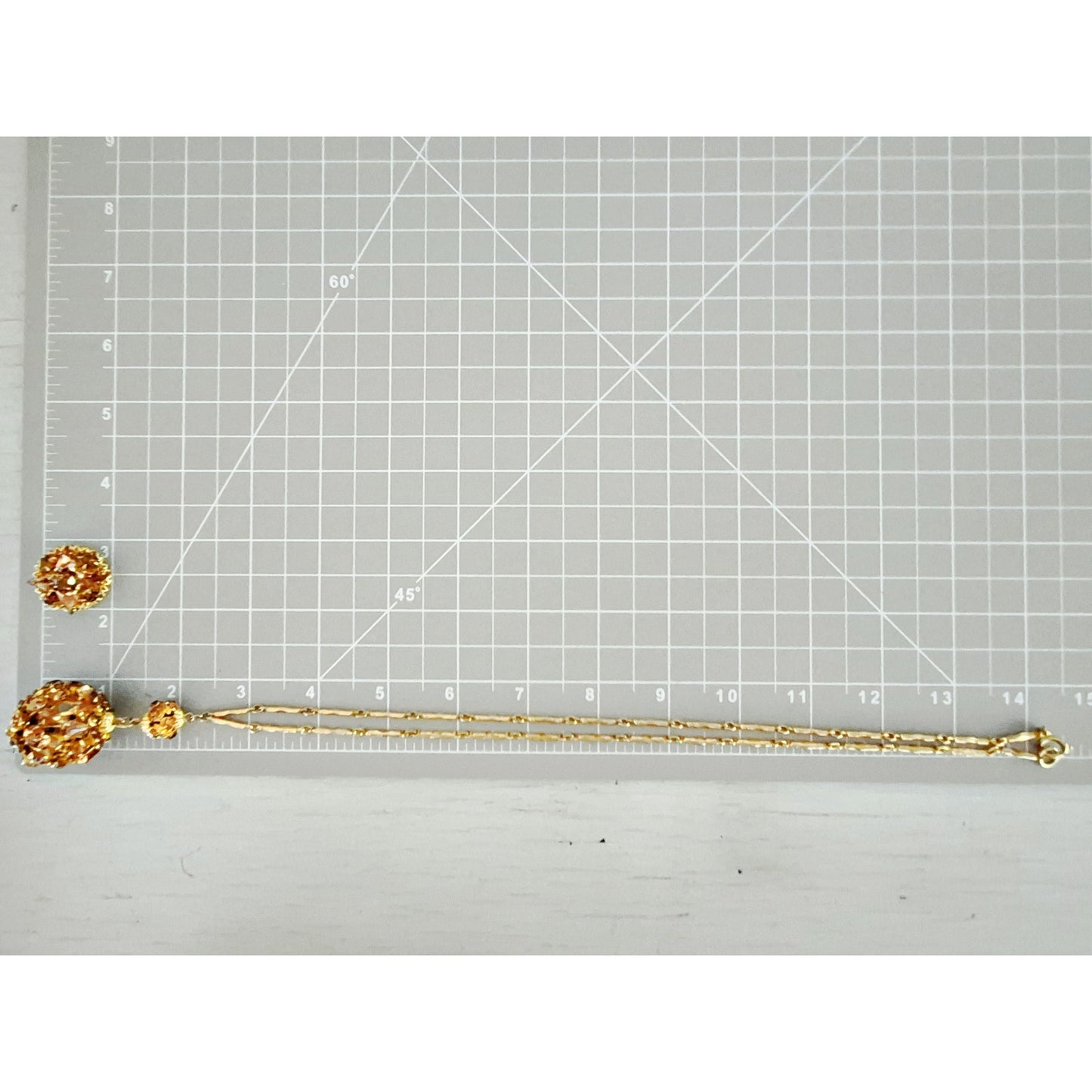 Vintage 1970s Citrine Crystal Orb Lariat Gold Plated Necklace and Earring Set