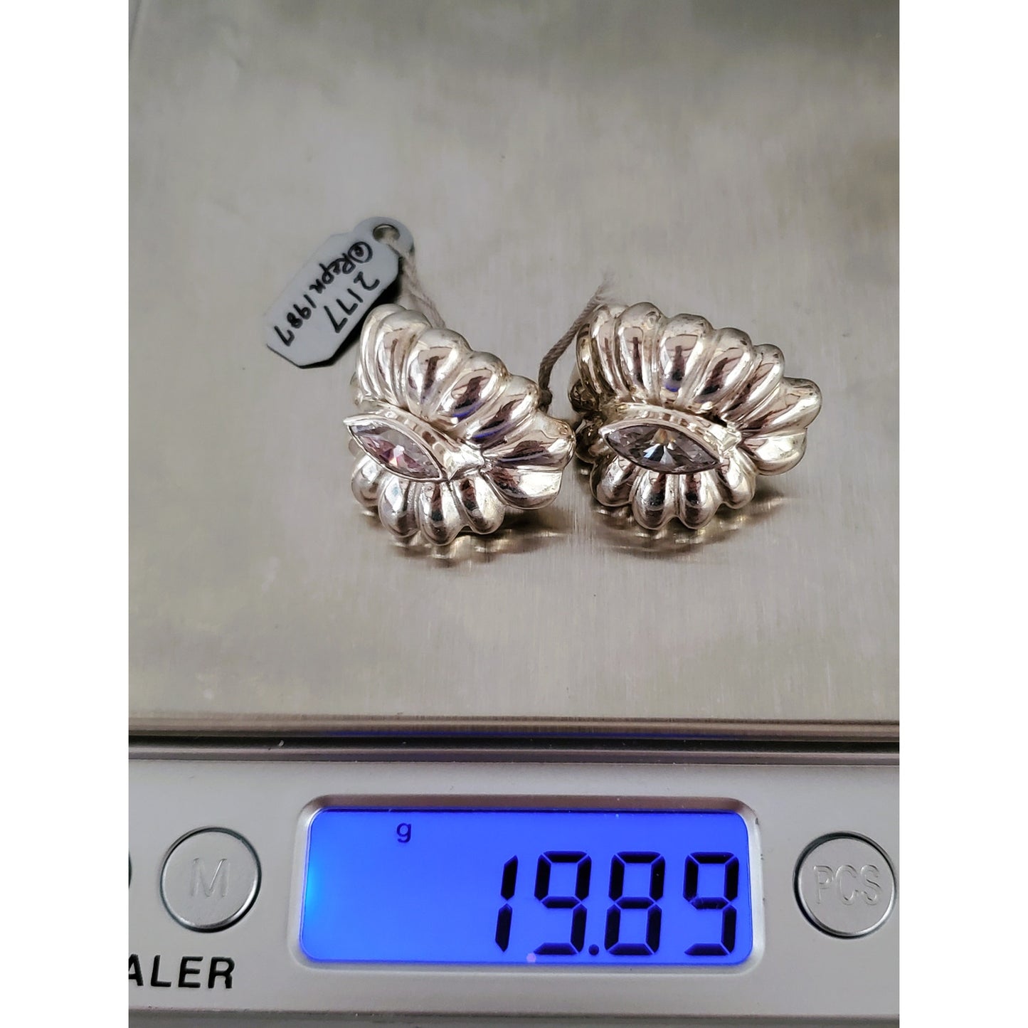 Vintage 1980s Italian Chunky Silver Scalloped Crystal Zirconia Earrings