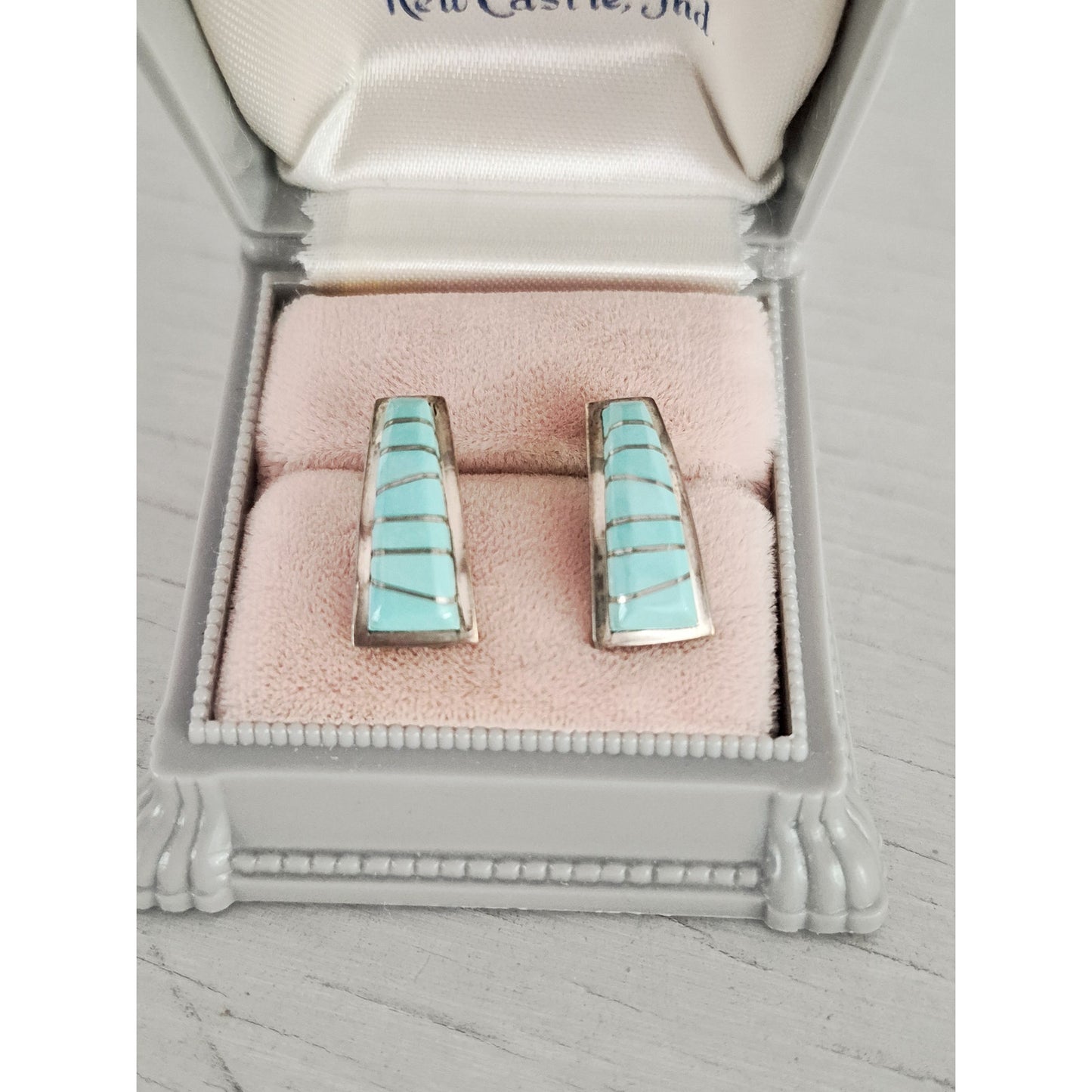 Vintage Sterling Silver Native Zuni D. Isalate Turquoise Inlaid Earrings