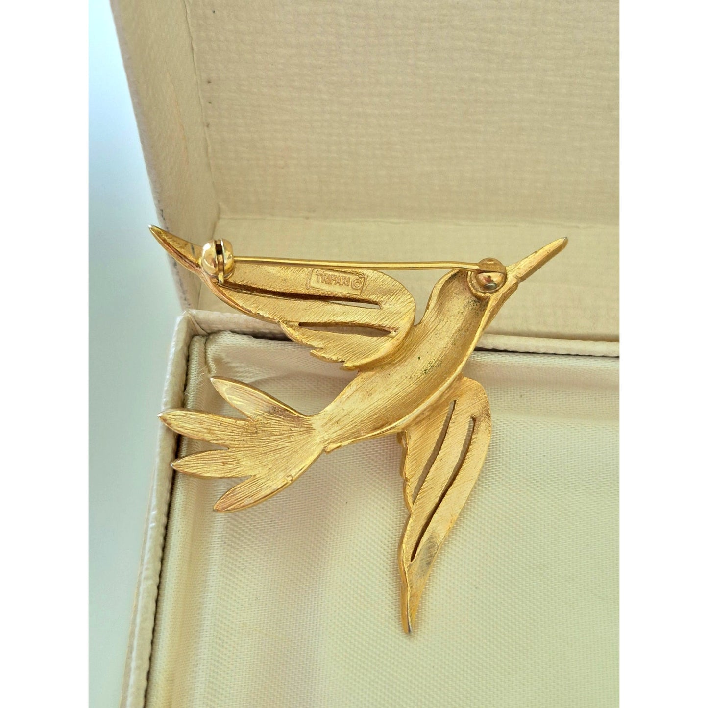 Vintage MCM Crown Trifari Brushed Gold-tone Red Glass Eye Flying Bird Pin Brooch