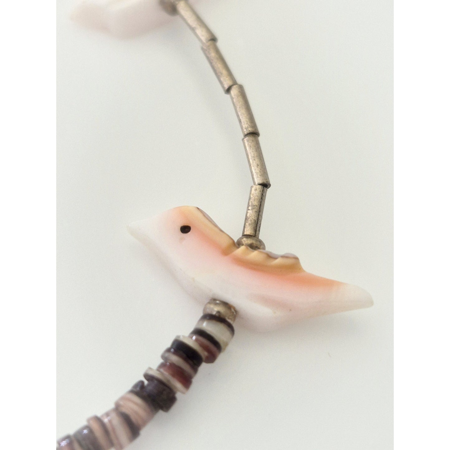 Vintage MOP Pink Birds Shell and Liquid Silver Bead Choker Necklace