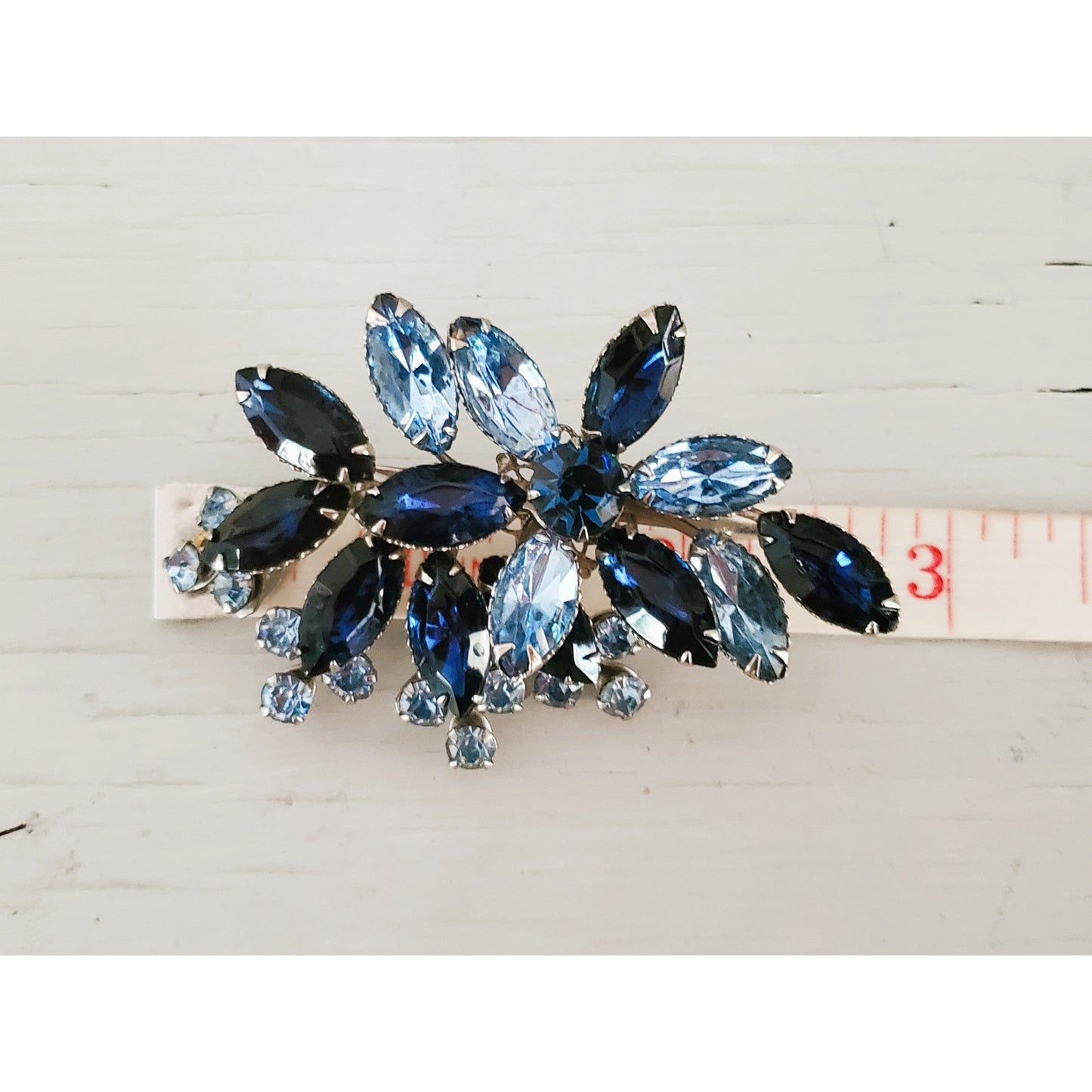 Vintage Large Blue and Silver Glass Rhinestone Brooch