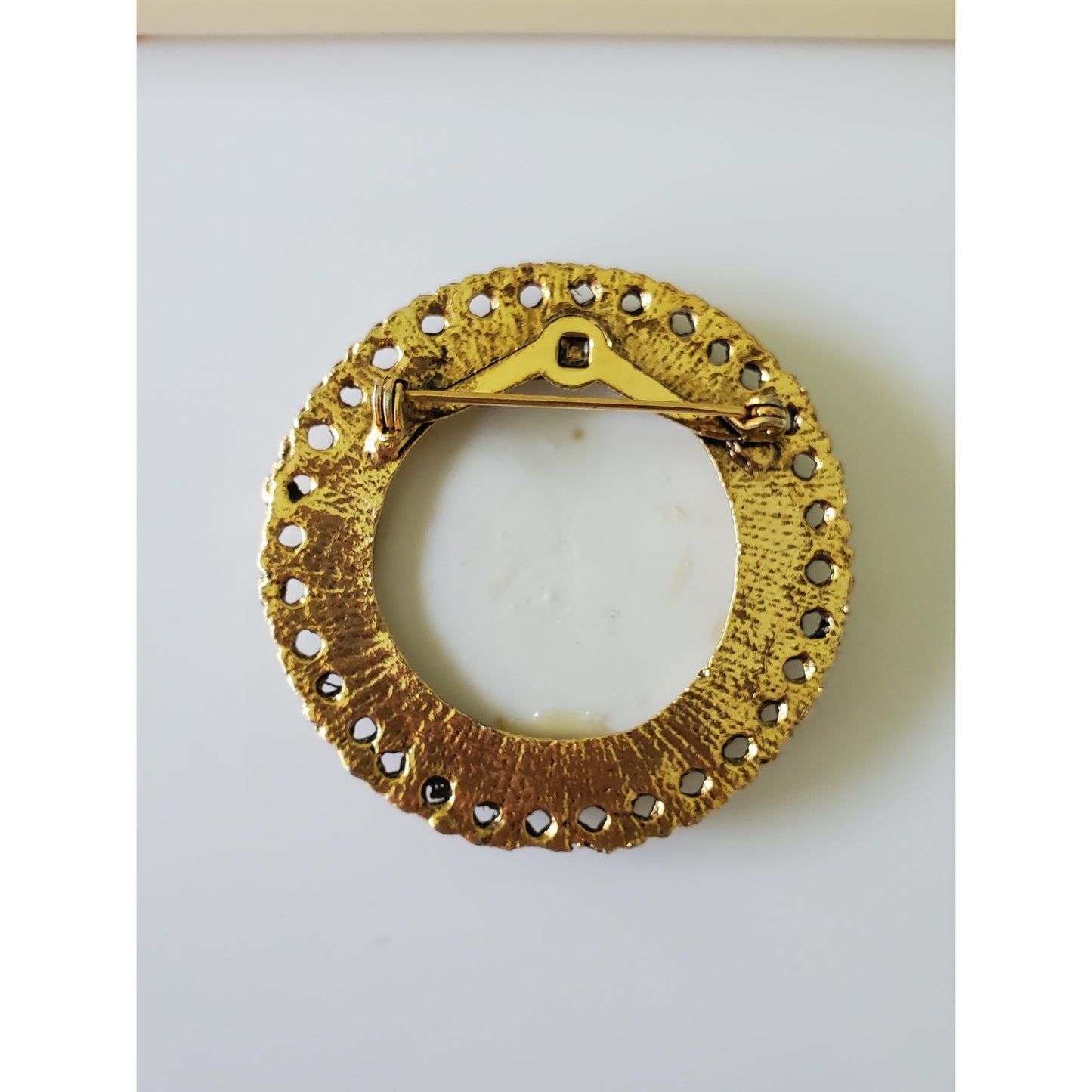 Vintage Porcelain Victorian Brass Brooch