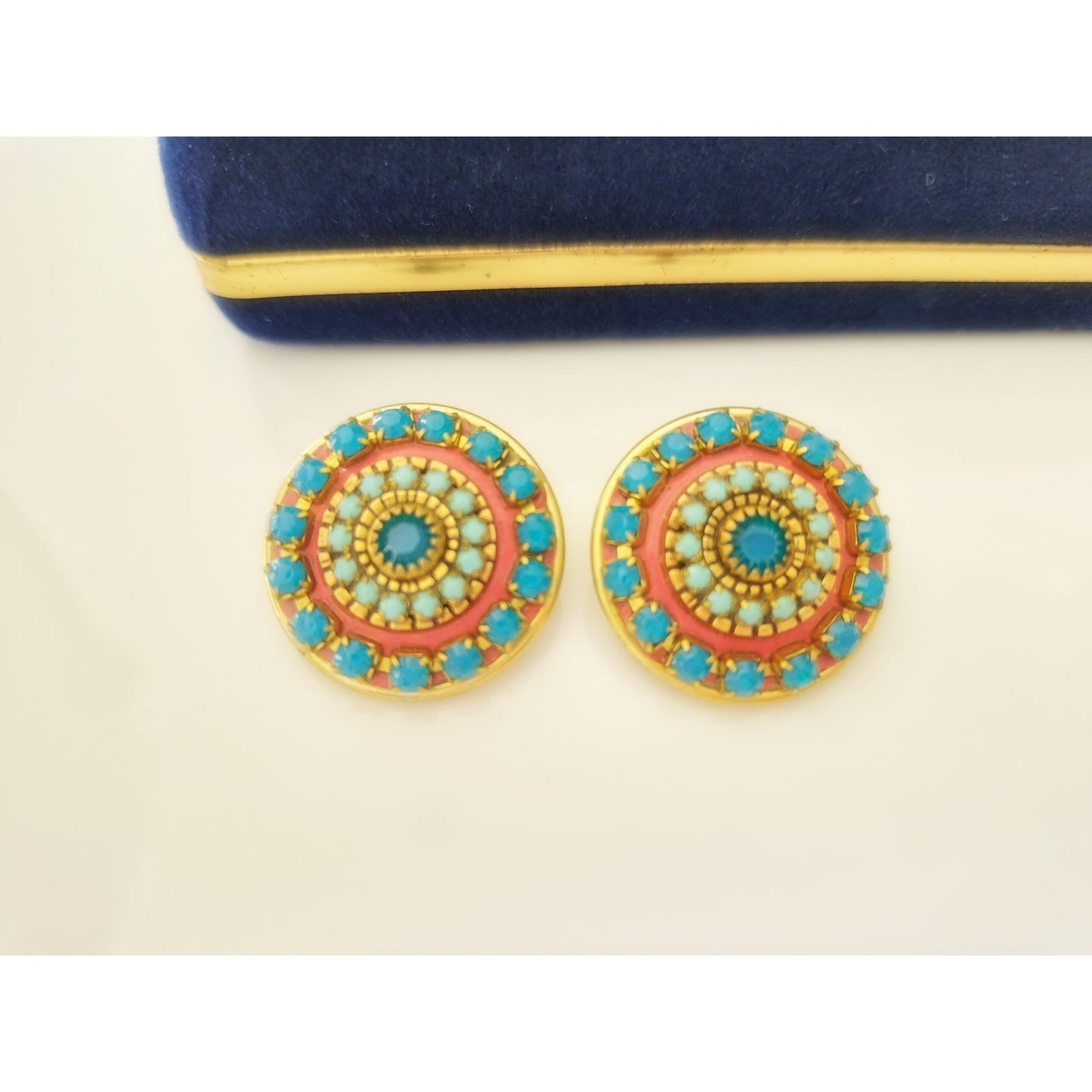Vintage Michal Golan Blue Rhinestone Cabochon Pink Enamel Earrings