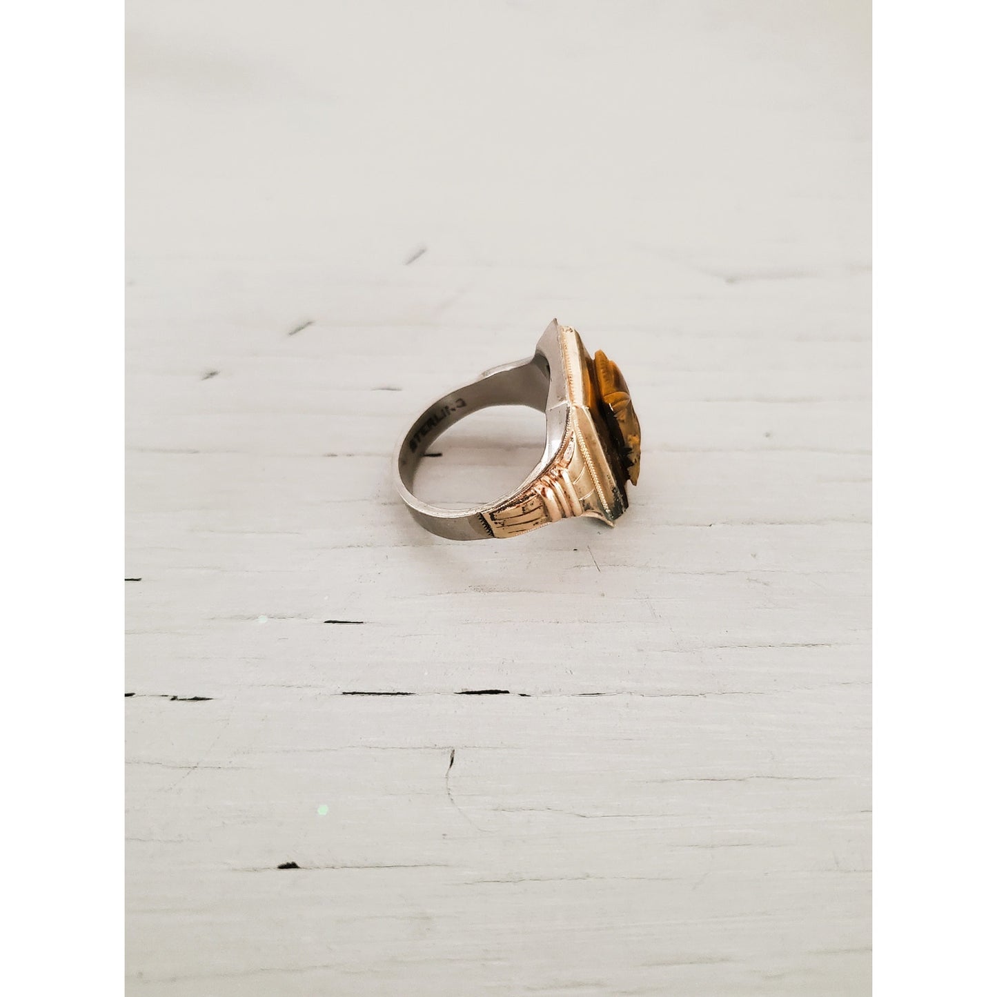 Vintage 10K Gold Sterling Silver Men's Tiger's Eye Cameo Ring
