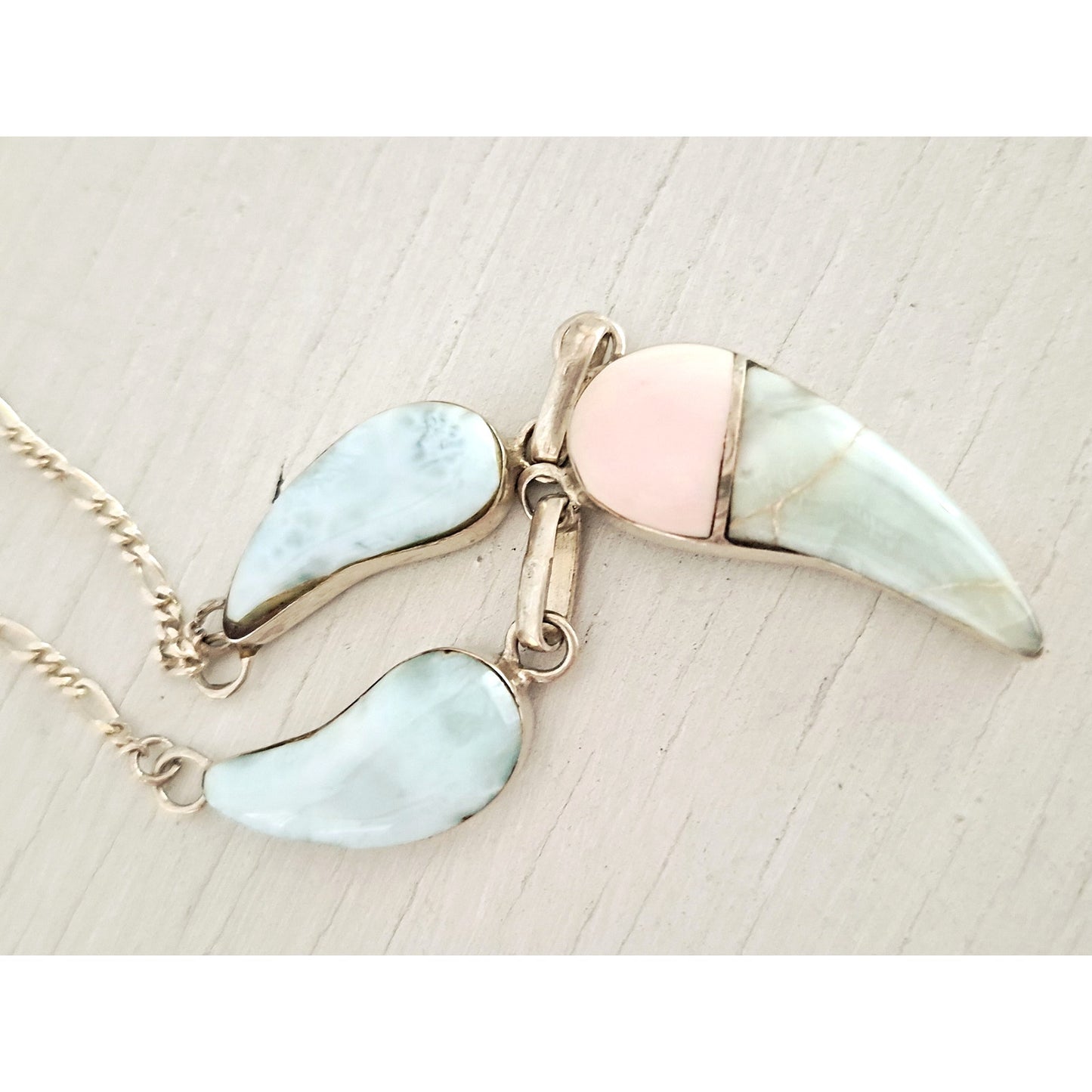 Vintage Larimar Pastel Stone Sterling Silver Figaro Choker Necklace