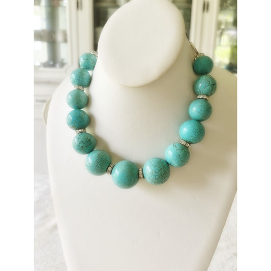 Large Blue Magnesite Turquoise Round Bead Necklace