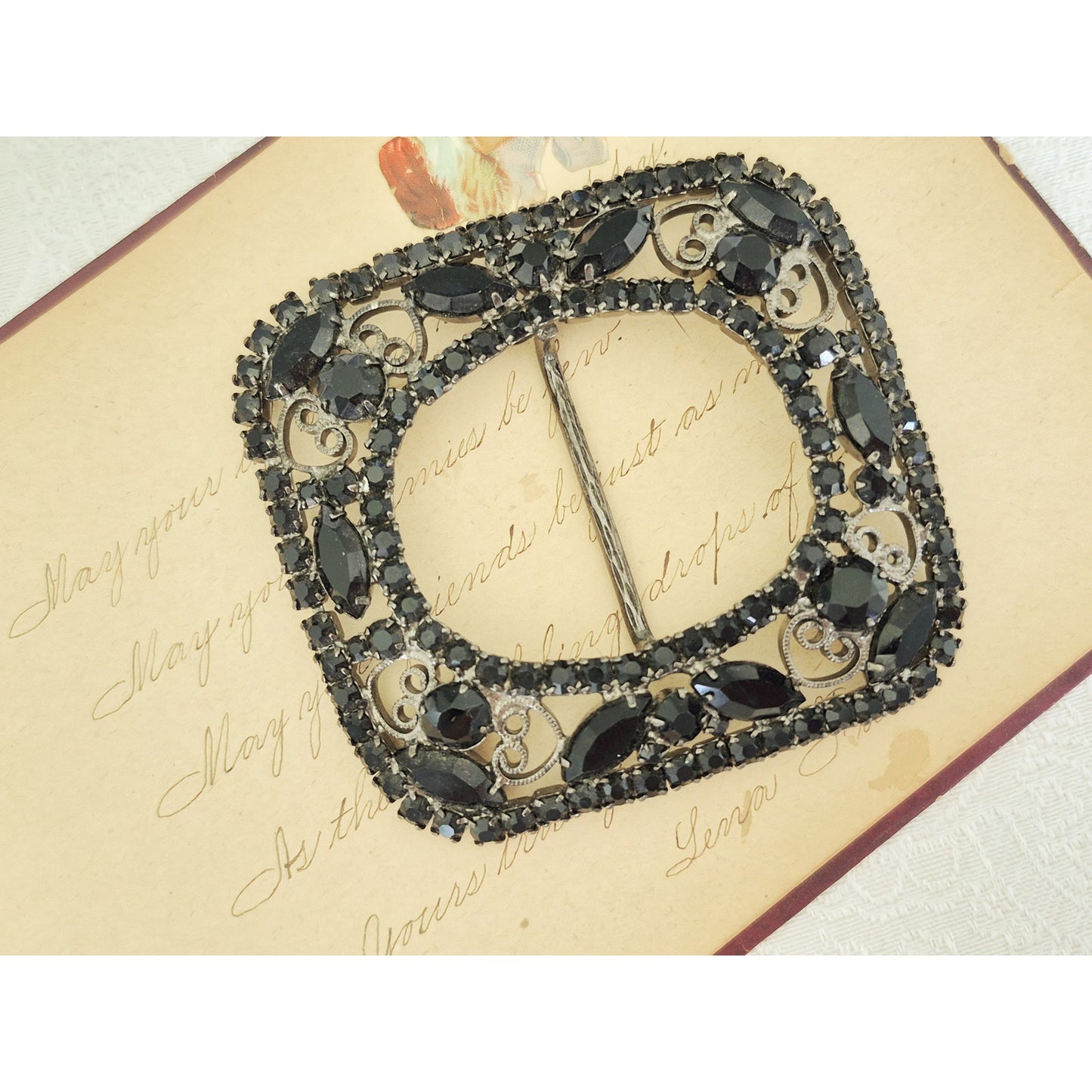 Vintage Juliana D&E Belt Buckle Jet Black Filigree Scroll Heart