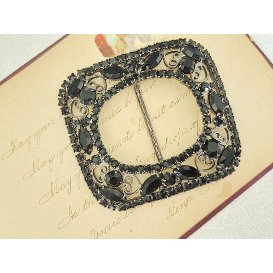 Vintage Juliana D&E Belt Buckle Jet Black Filigree Scroll Heart