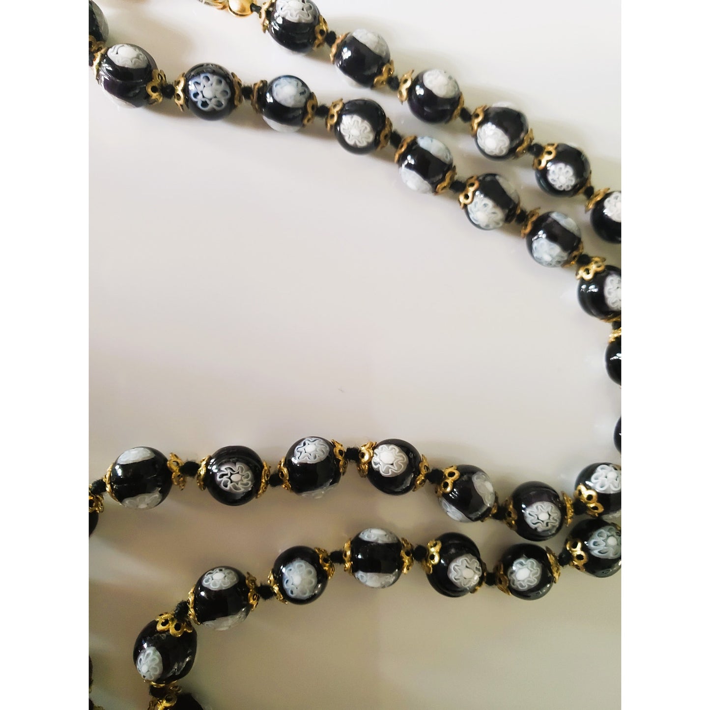 Vintage Black Glass Beaded and Hand Painted Venetian Necklace