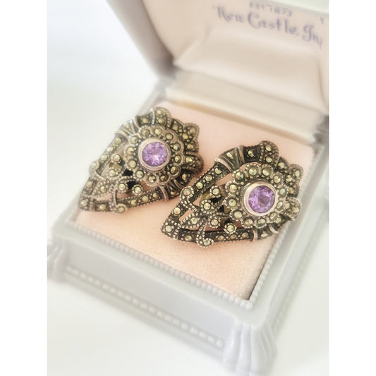 Vintage Sterling Silver Marcasite & Amethyst Clip Earrings