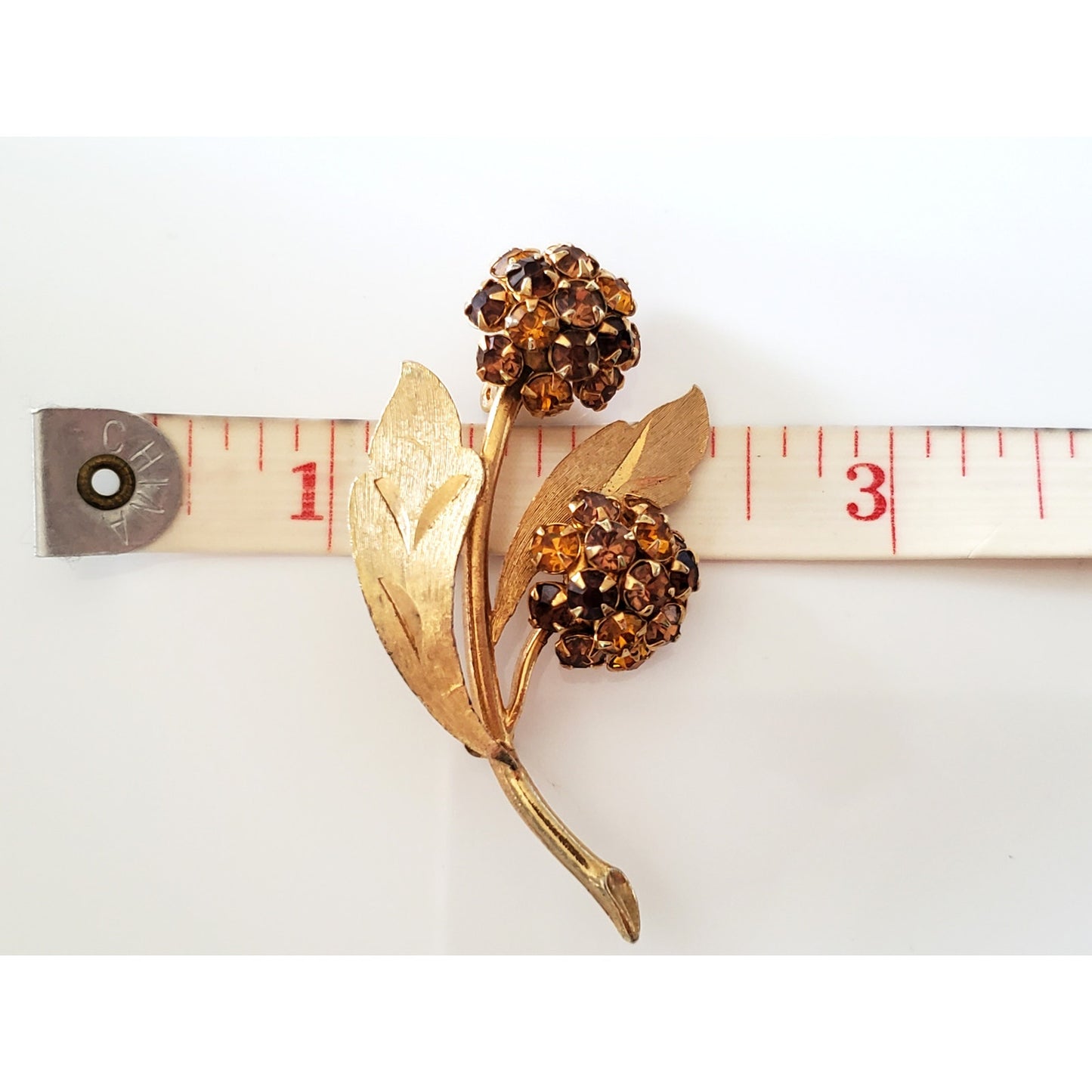 Vintage Double Floral Amber and Brown Rhinestone Brooch