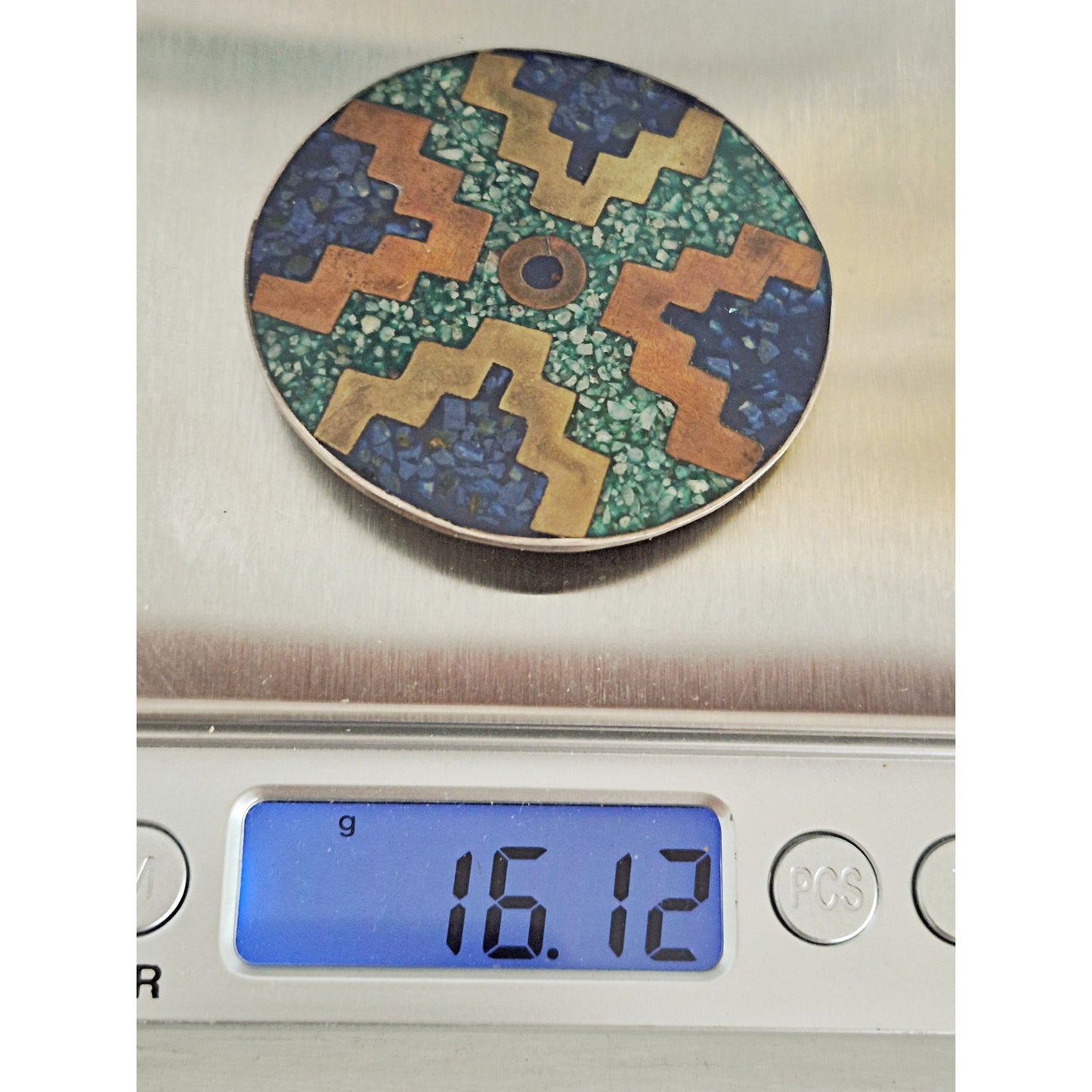 Vintage Sterling Silver Crushed Turquoise Blue, Azul & Malachite Mosaic Brooch