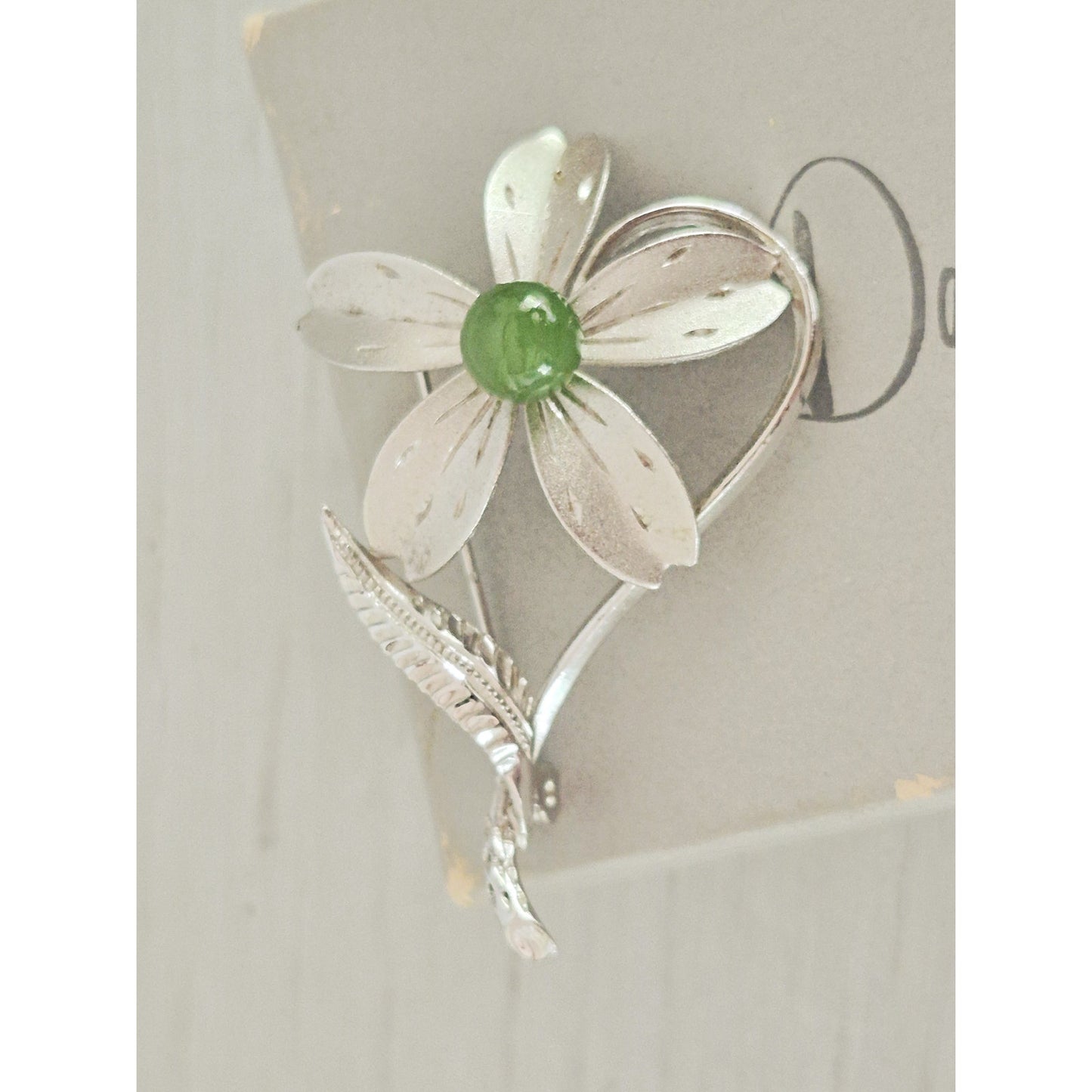 Vintage SIlver-tone Flower with Green Agate Stone Brooch