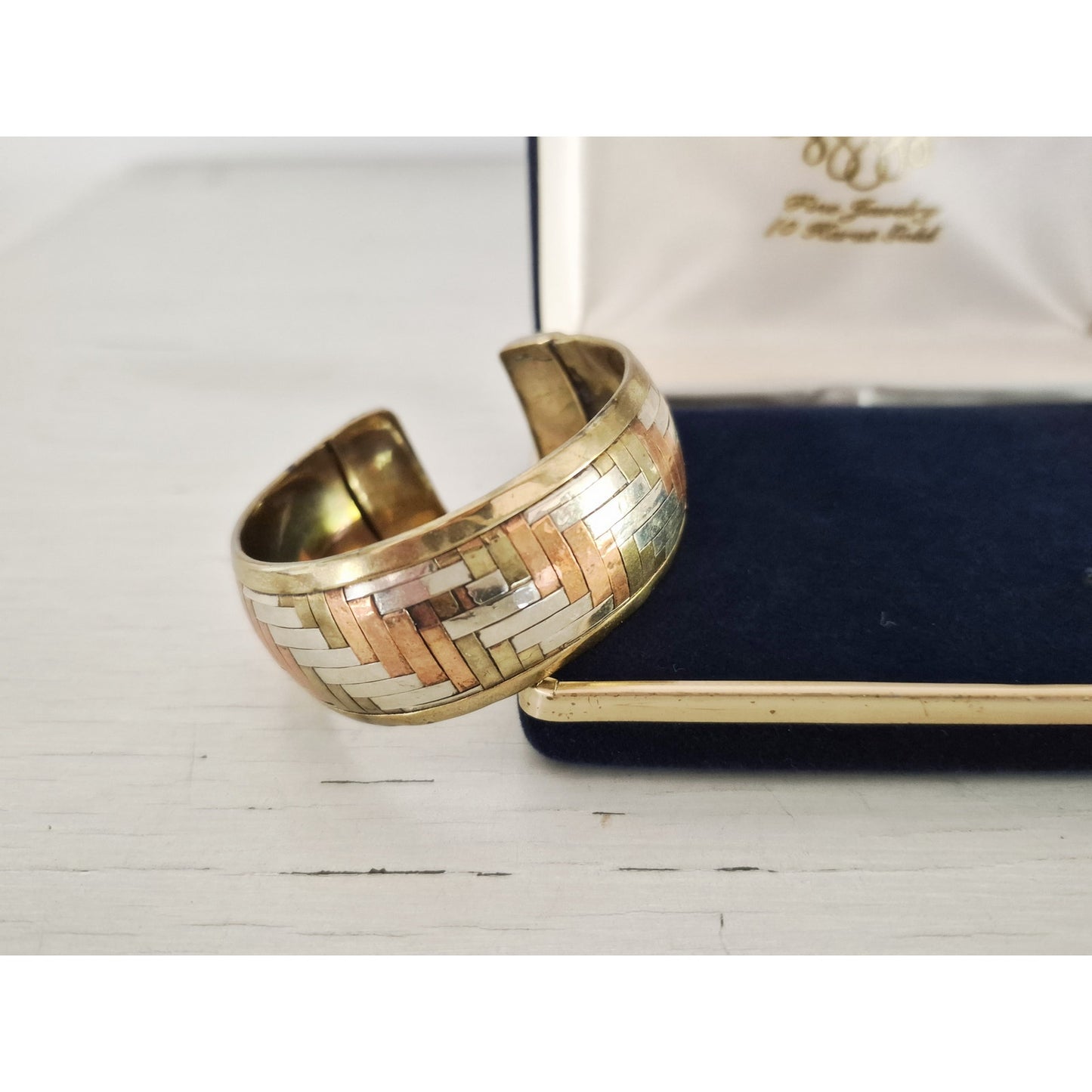 Vintage Brass Copper Sterling Silver Inter Woven Bangle Bracelet