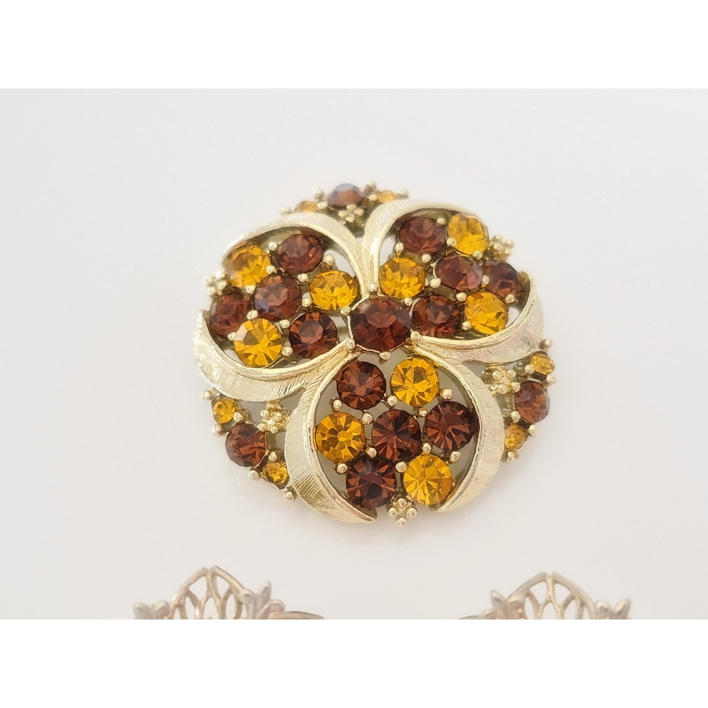 Vintage MCM Amber and Brown Rhinestone Brooch and Earring Set