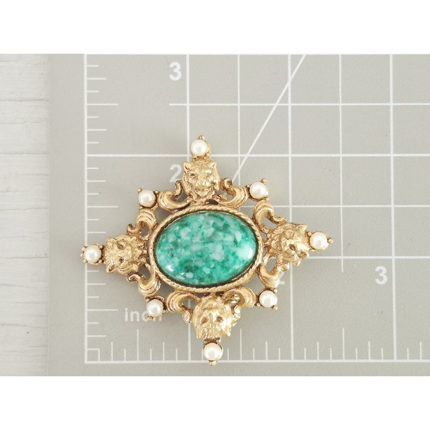 Faux Jade and Pearl Gold-tone Brooch