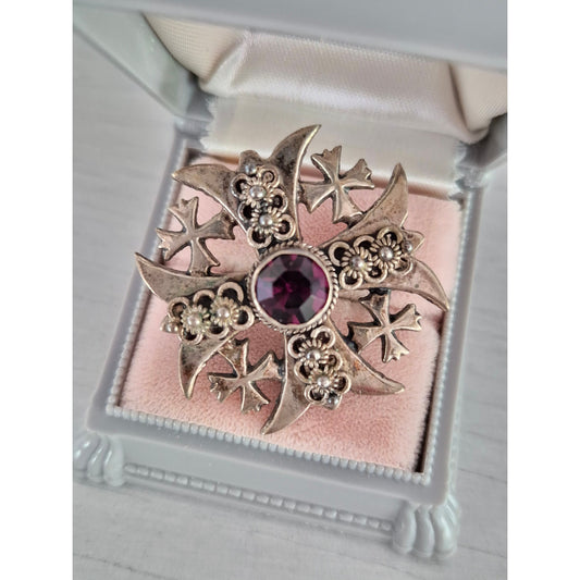 Vintage Silver Purple Stone Maltese Cross Brooch Pendant