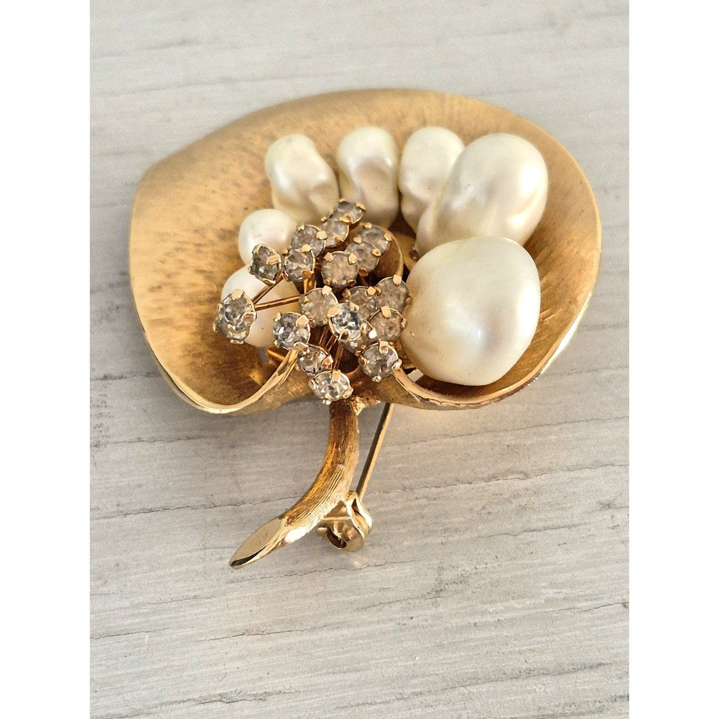 Vintage Mid-Century Pearl Rhinestone Gold Orchid Brooch Pin