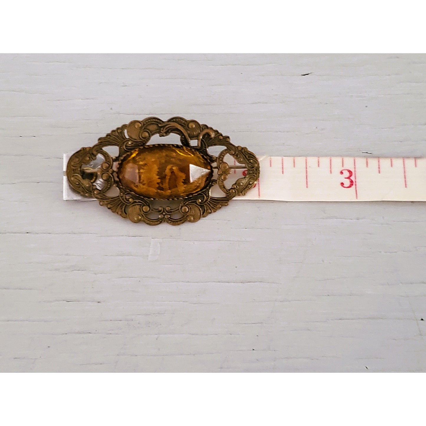 Vintage Art Deco Floral Filigree Amber Glass C Clasp Brooch