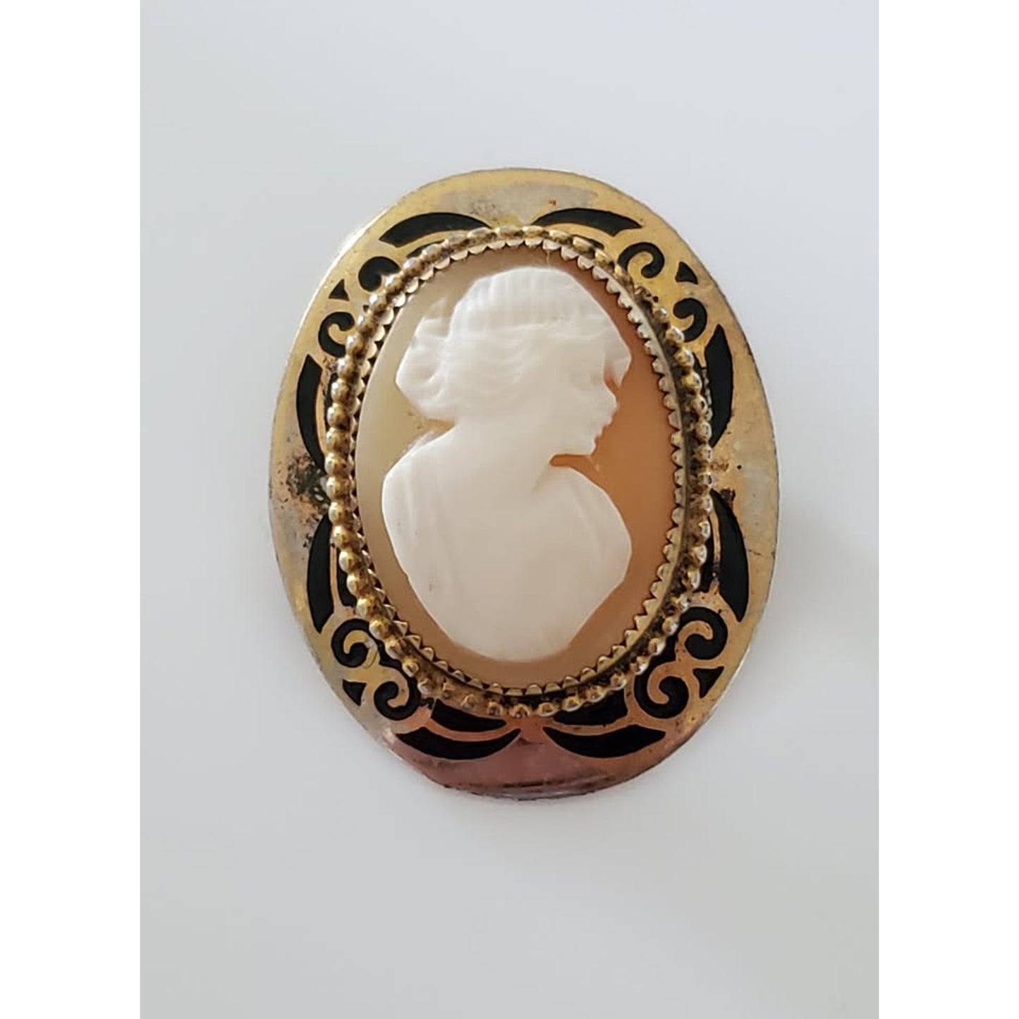 Vintage Victorian Lady Cameo Pin Brooch Plated with Black Enamel