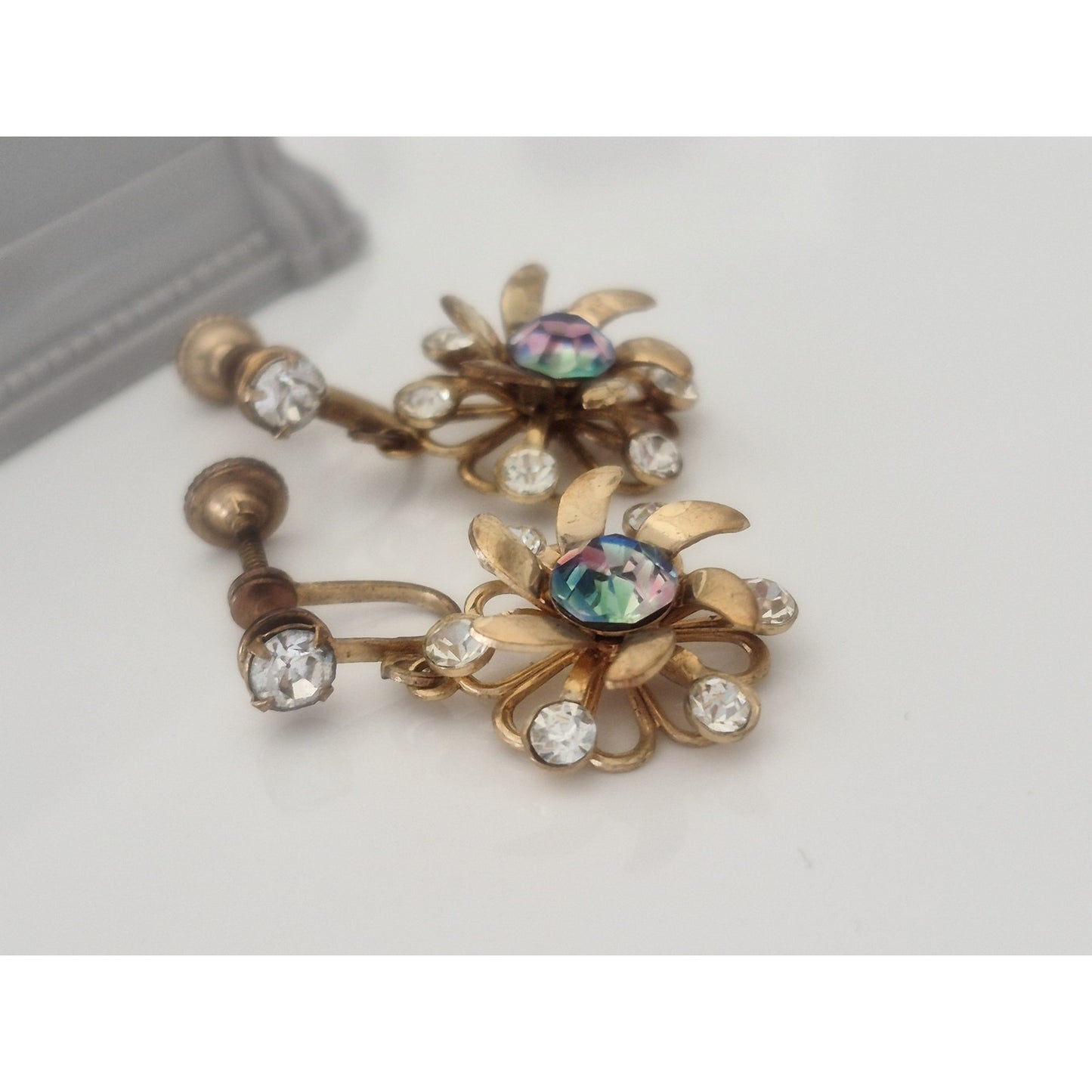 Vintage MCM Iris Striped Rhinestone Dangle Flower Screw-on Earrings
