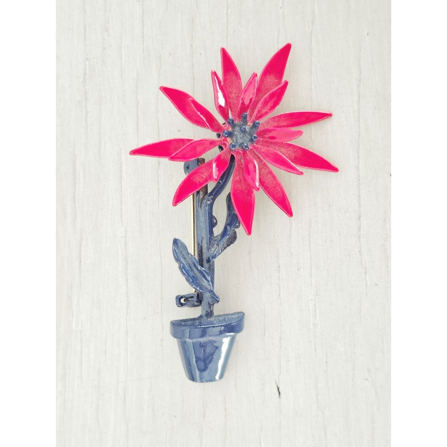 Vintage Hot Pink and Blue 1960s Enameled Flower Brooch