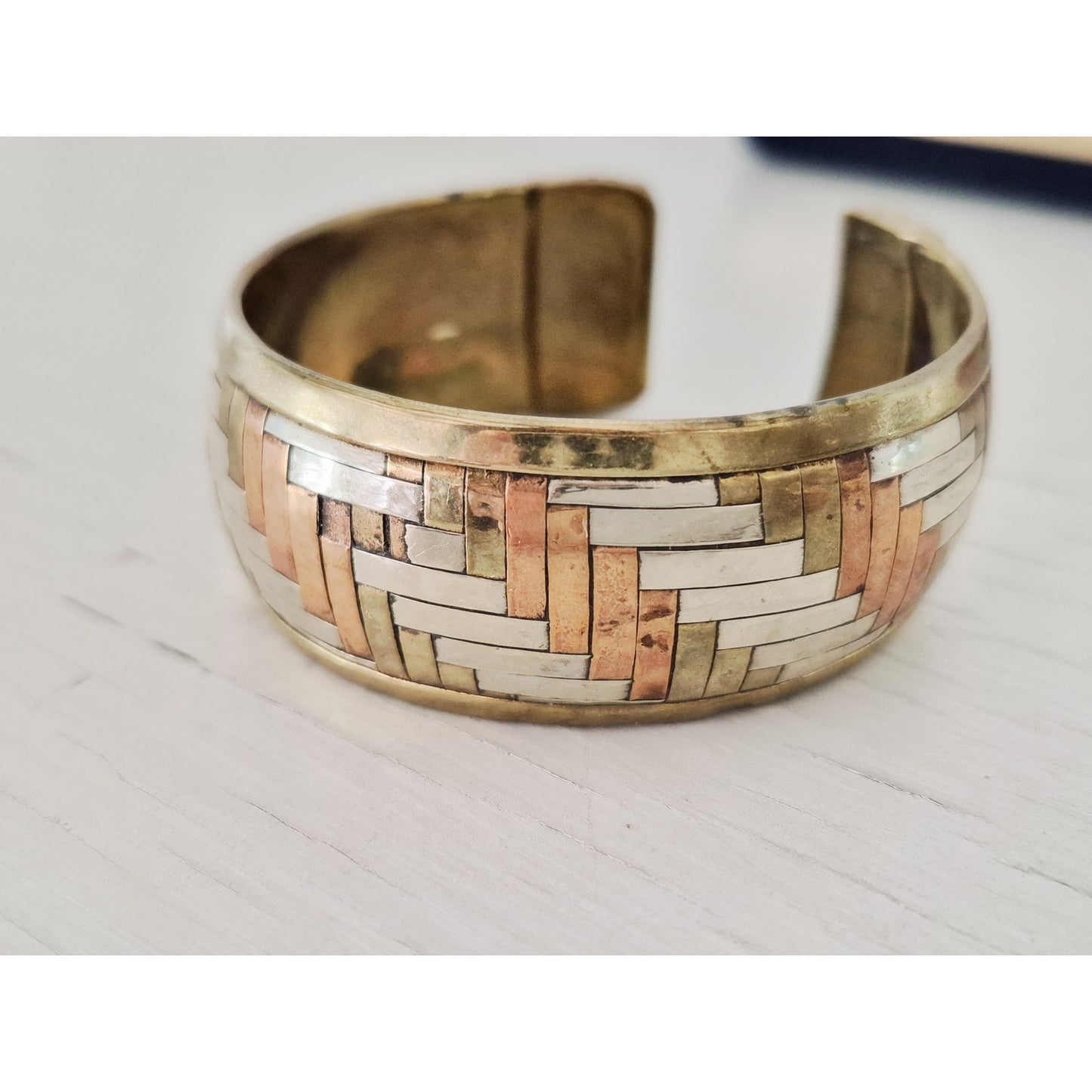 Vintage Brass Copper Sterling Silver Inter Woven Bangle Bracelet