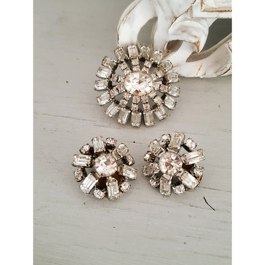 Vintage Clear Rhinestone Brooch and Earring Set