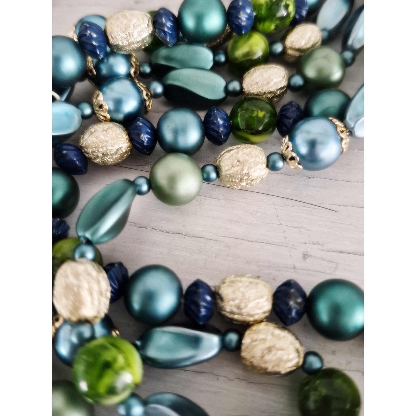 Vintage Japan Blue Green Acrylic Multi-strand Beaded Necklace and Earring Set