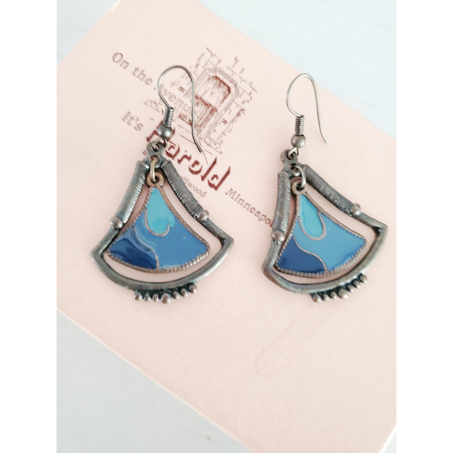 Vintage Silver-tone Blue Enamel Fan Dangle Earrings