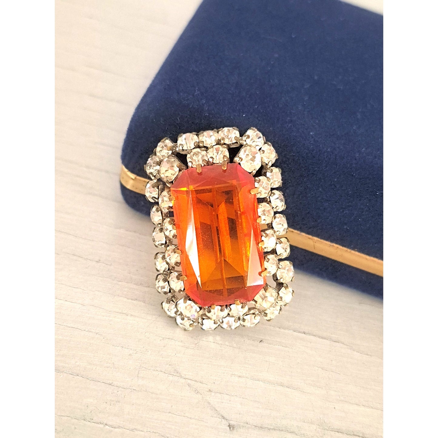 Vintage Orange and Clear Rectangle Statement Brooch