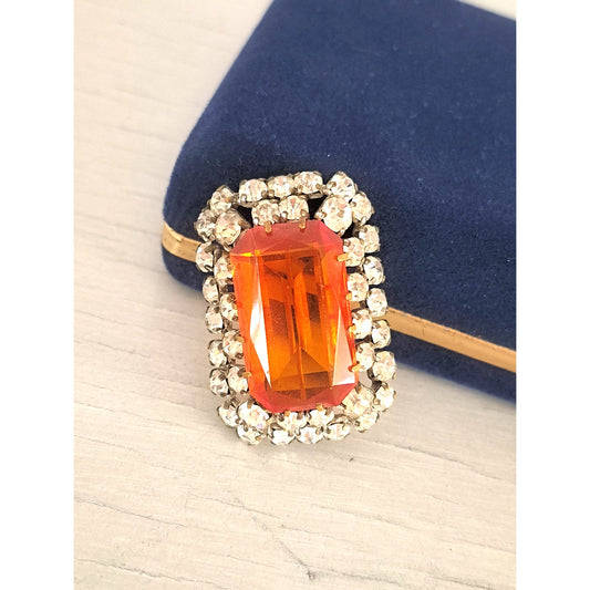 Vintage Orange and Clear Rectangle Statement Brooch