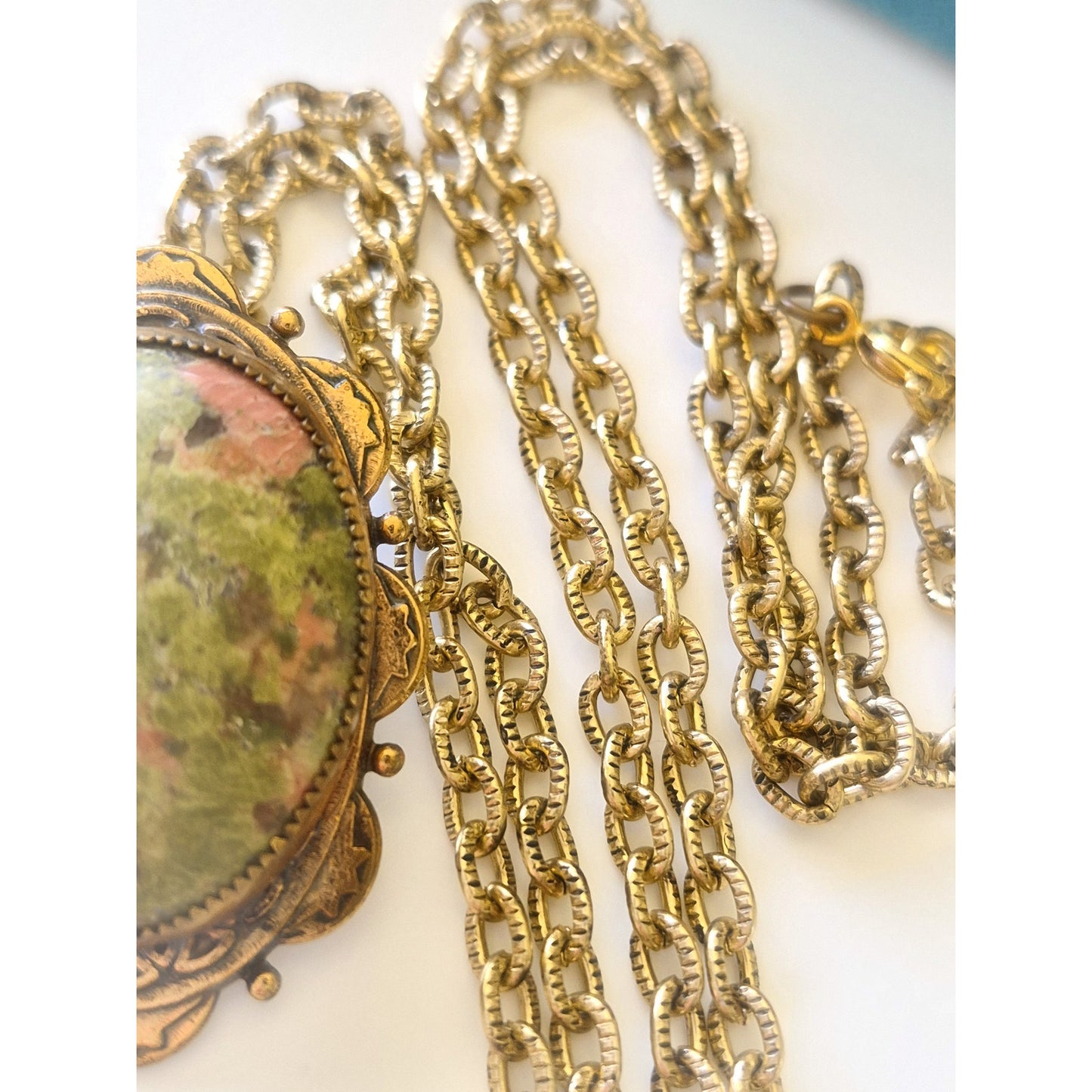 Vintage Unakite Oval Halo Pendant Necklace