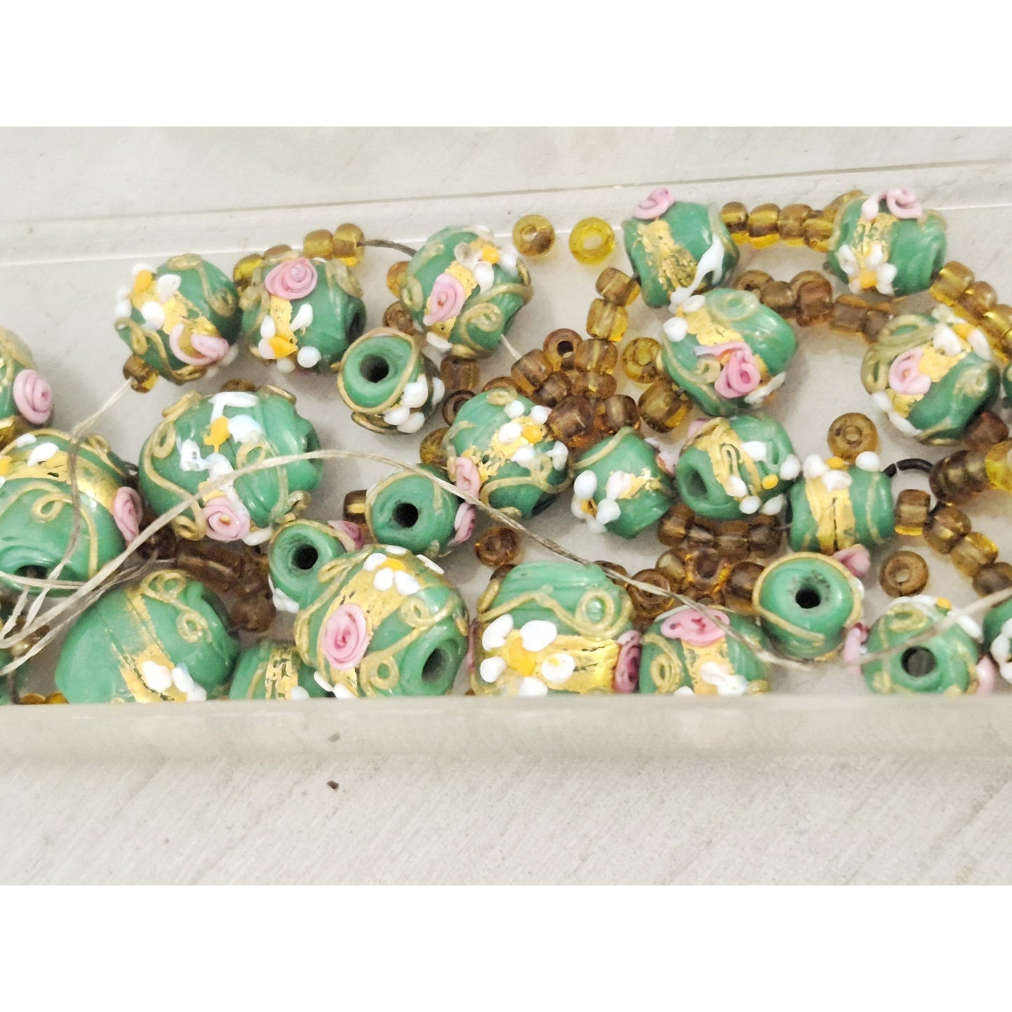 Vintage Light Green and Pink Hand Painted Italian Lamp work Beads