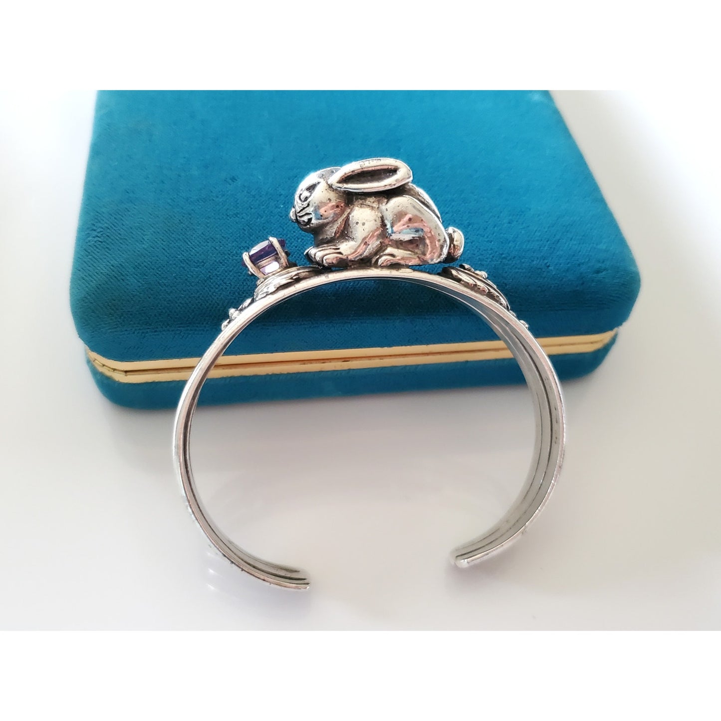 Vintage Sterling Silver Bunny Rabbit Amethyst Cuff Bracelet