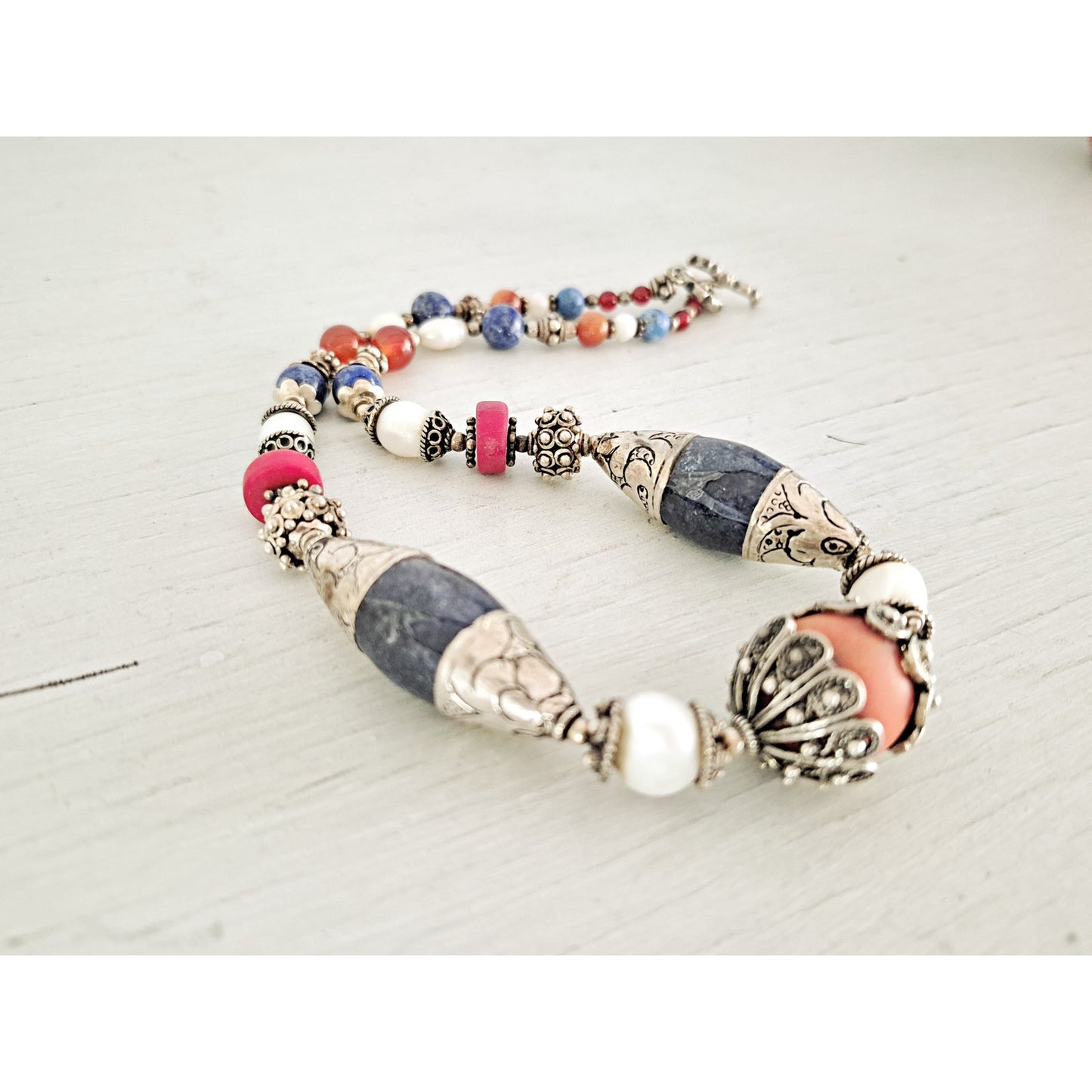 Vintage Sterling Silver Blue Lapis Lazuli Cultured Pearl & Agate Necklace
