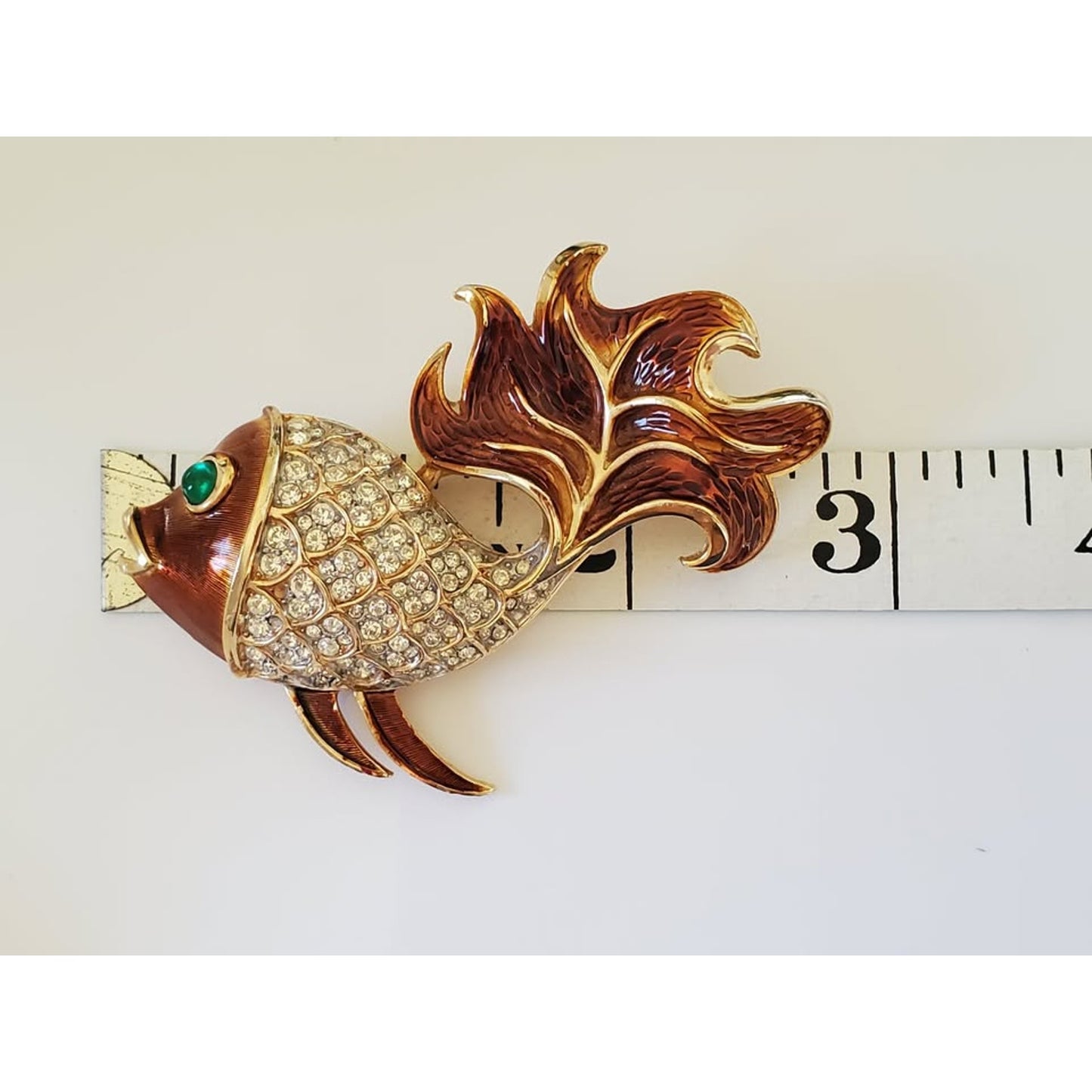 Vintage 1960s CROWN TRIFARI Signed Amber Enamel & Clear Crystal Rhinestone Gold Fish Brooch