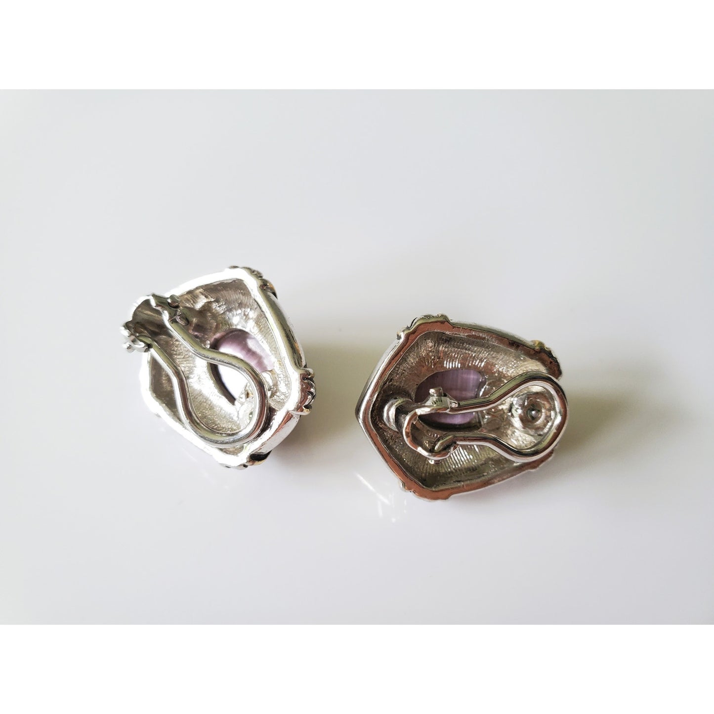 Vintage Silver and Purple Stone Oval Clip On Earrings