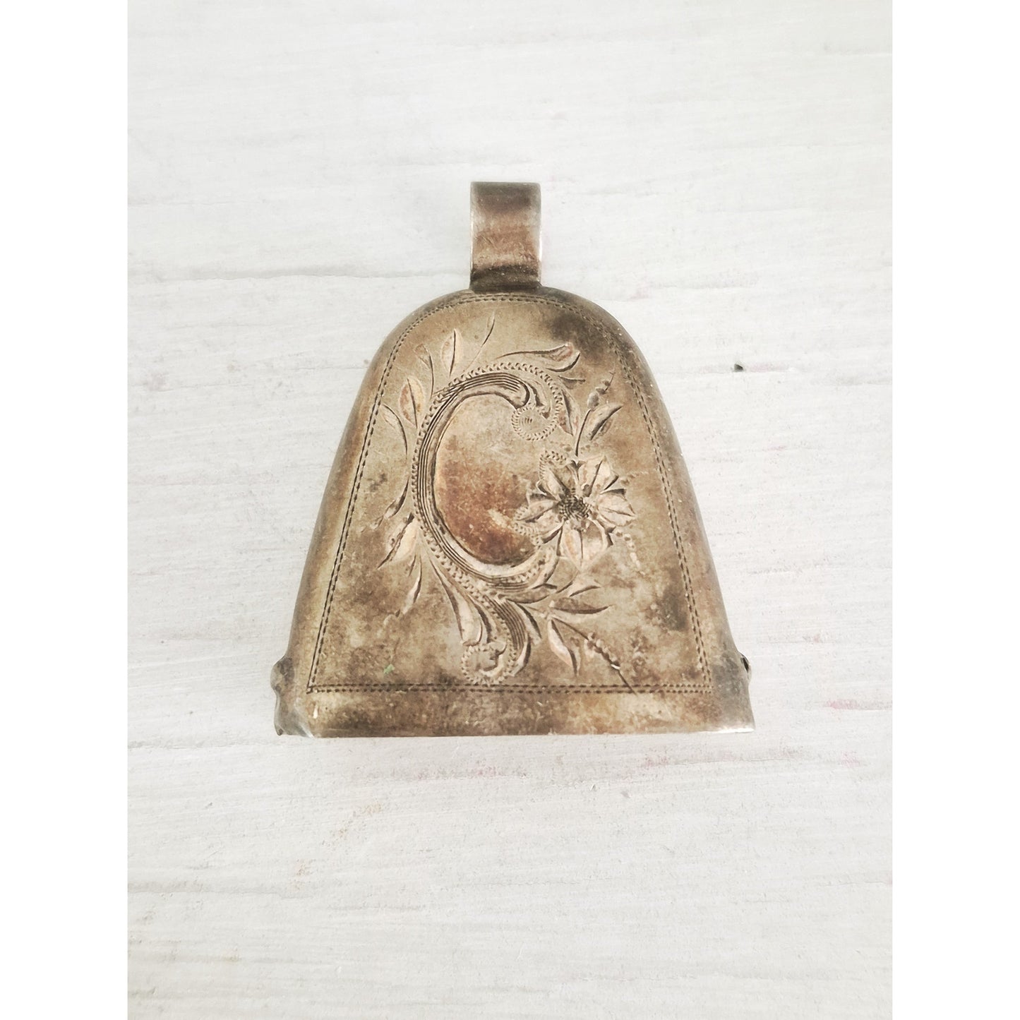 Vintage Sterling Silver Floral Etched Cow Bell Pendant