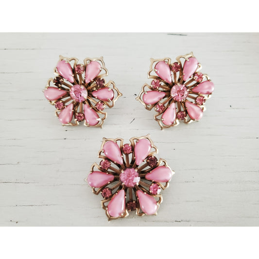 Vintage MCM Floral Pink Thermal and Rhinestone Brooch and Earring Set