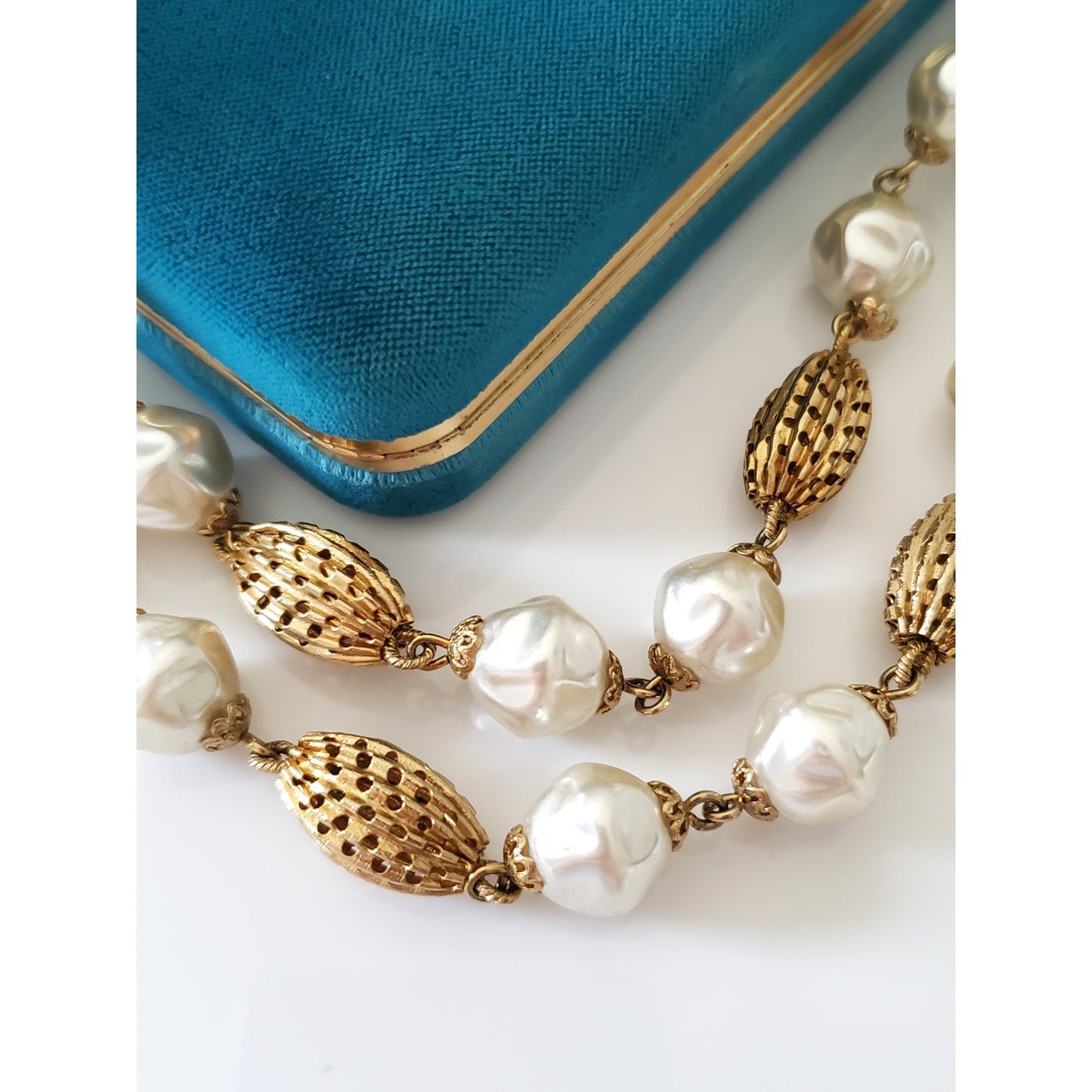 Vintage Double Strand Choker Faux Pearl and Gold Filigree Bead Necklace