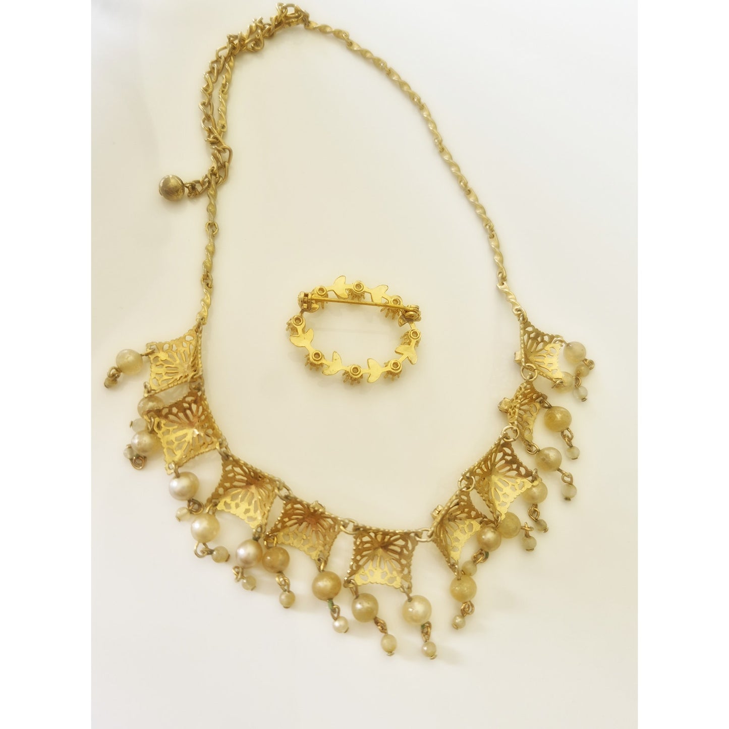 Vintage Gold Tone and Faux Pearl Necklace and Brooch Lot