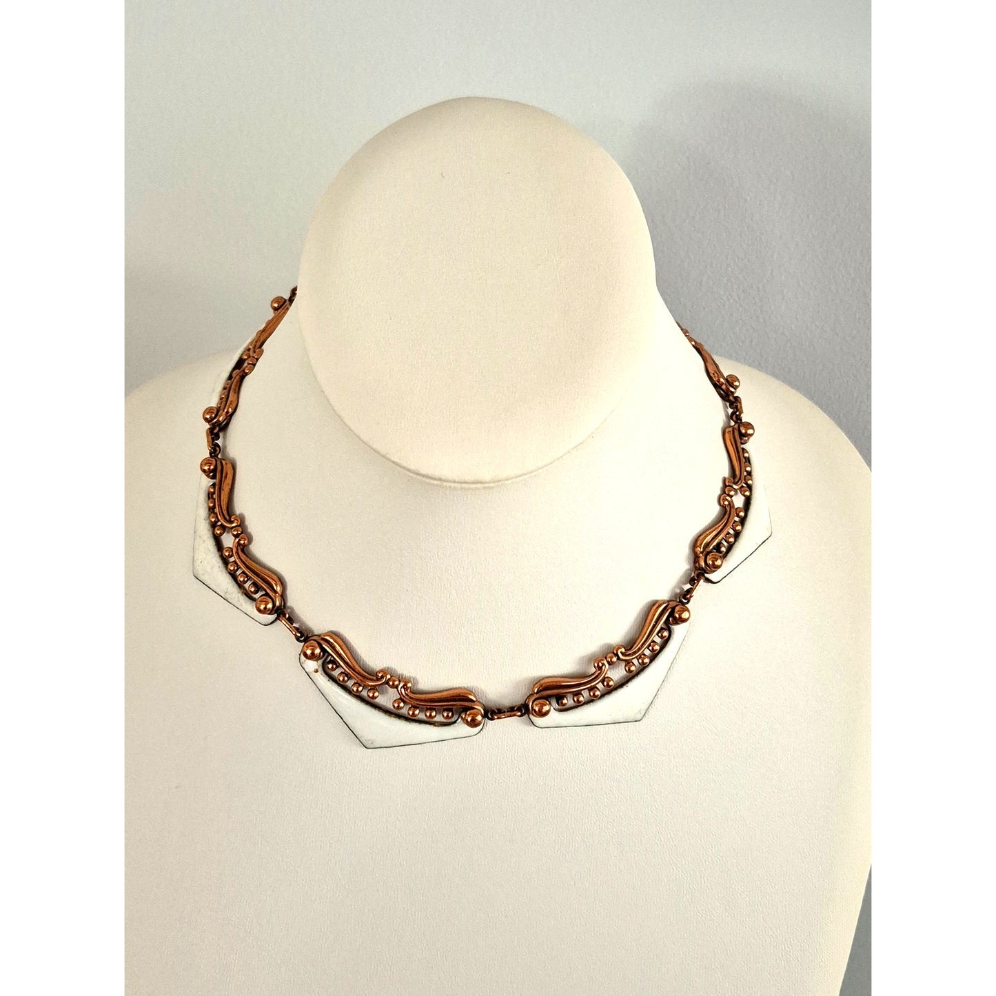 Vintage MCM Matisse Signed Copper White Enamel Atomic Necklace