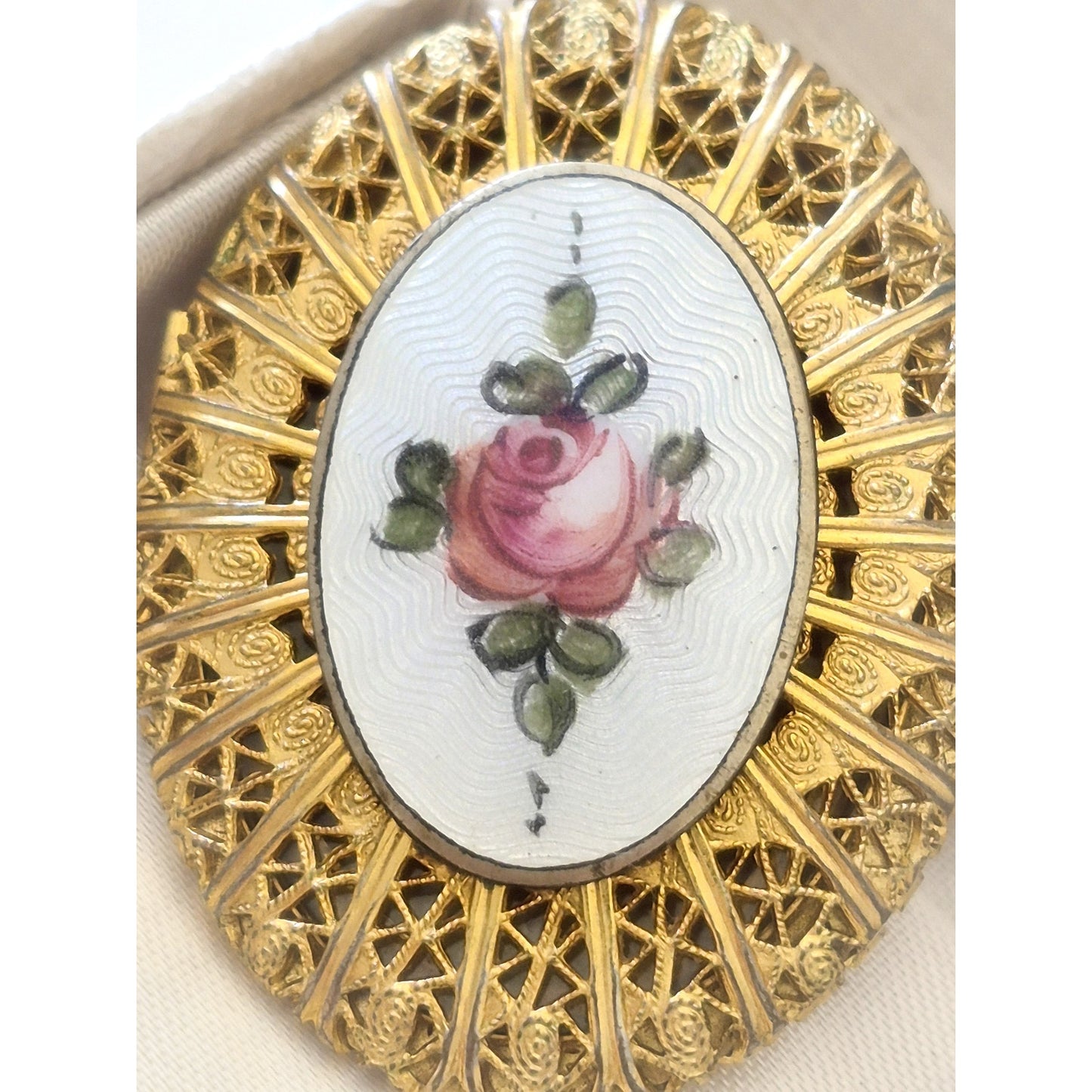 Antique Gold Tone Filigree Guilloche Enamel Photo Locket Pendant