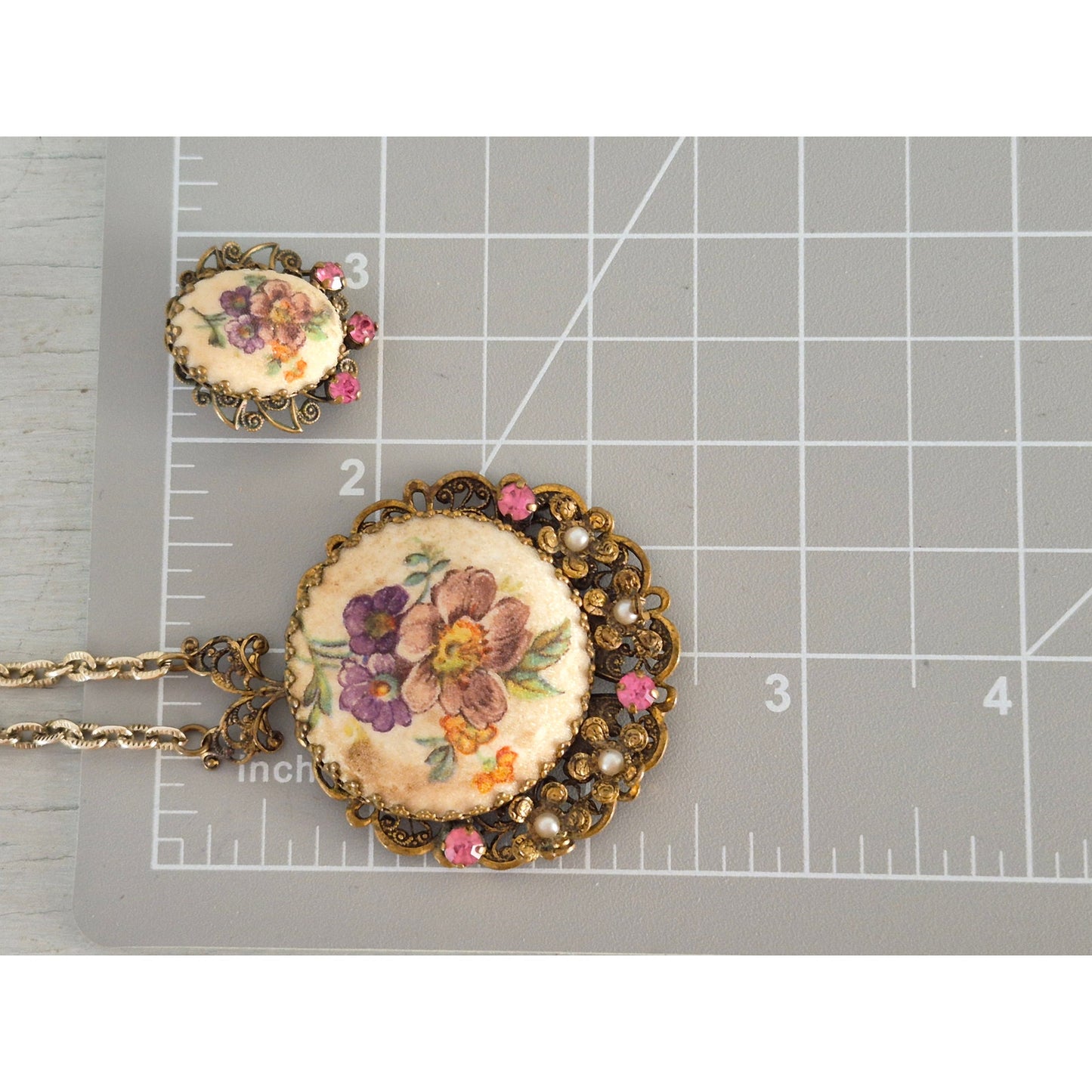 Vintage West Germany Pink Floral Necklace and Earring Set