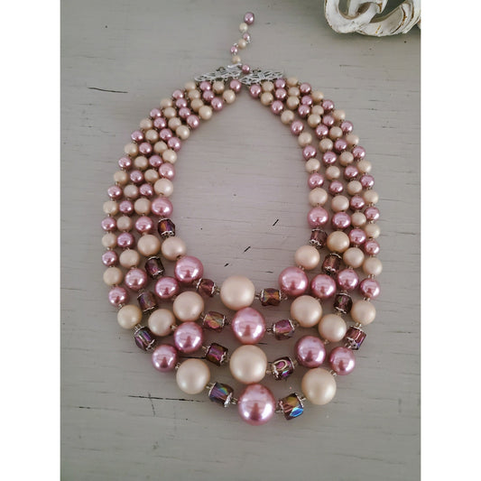 Vintage 4 Strand Hong Kong Lavender & Cream Acrylic Graduated Bead Necklace