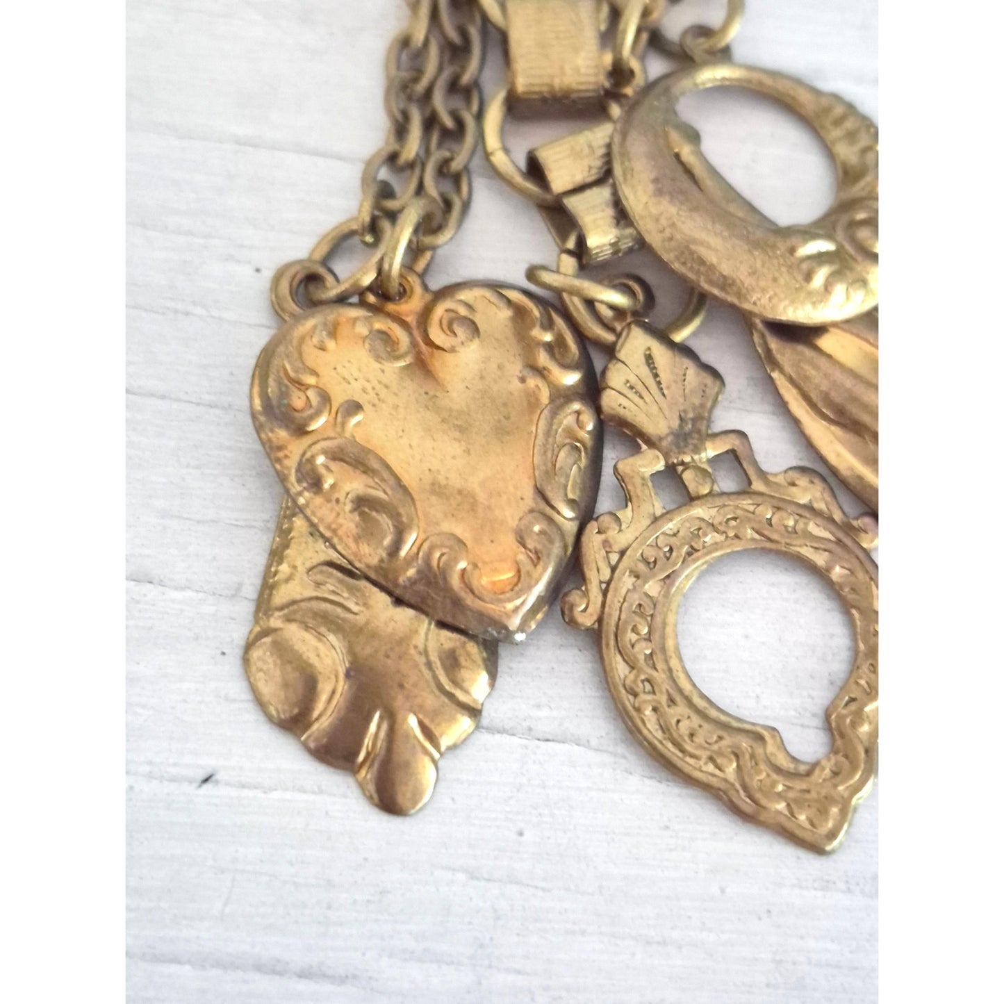 Vintage Victorian Style Brass Heart Charm Dangle Earrings